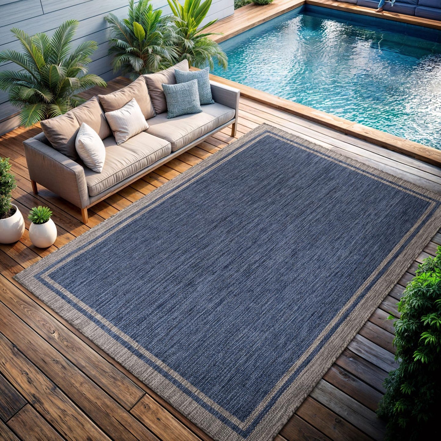 CAMILSON Outdoor Rug, 9x12 Bordered Navy Blue Gray Modern Large Area Rugs for Indoor and Outdoor Patios, Porches Waterproof Washable Porch Deck Outside Carpet (Bordered Navy, 9 x 12)