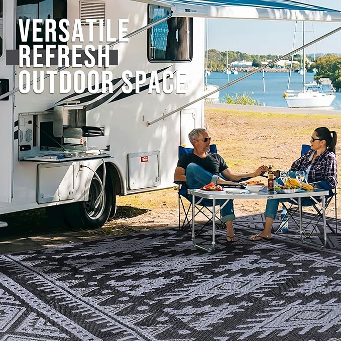 OLANLY Outdoor Rug Waterproof 10x14 ft, Reversible Outdoor Plastic Straw Rug, Boho Patio Rug, Indoor Outdoor Carpet, RV Mat Outside for Patio, Camp, Picnic, Balcony, Deck, Backyard, Black & Grey