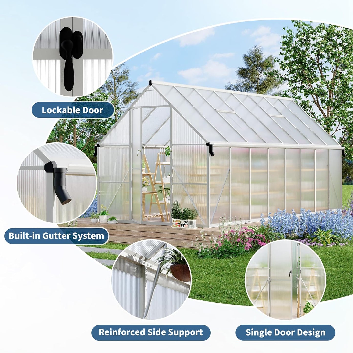 8'X16' Aluminum-Framed Polycarbonate Greenhouse, Heavy Duty Polycarbonate Greenhouse with Quick Setup Structure and Roof Vent, Large Enhanced Aluminum Greenhouses Kit for Outdoors