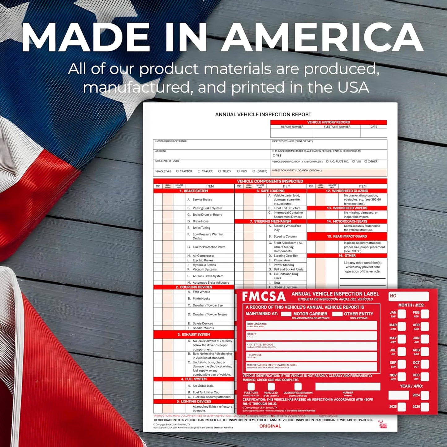 100 Pack 3-Ply Carbonless Annual Vehicle Inspection Report Forms with FMCSA Red Aluminum Adhesive Labels, DOT Inspection Forms and Stickers, Shrink-Wrapped, 8.5" x 11.75" - Made in USA