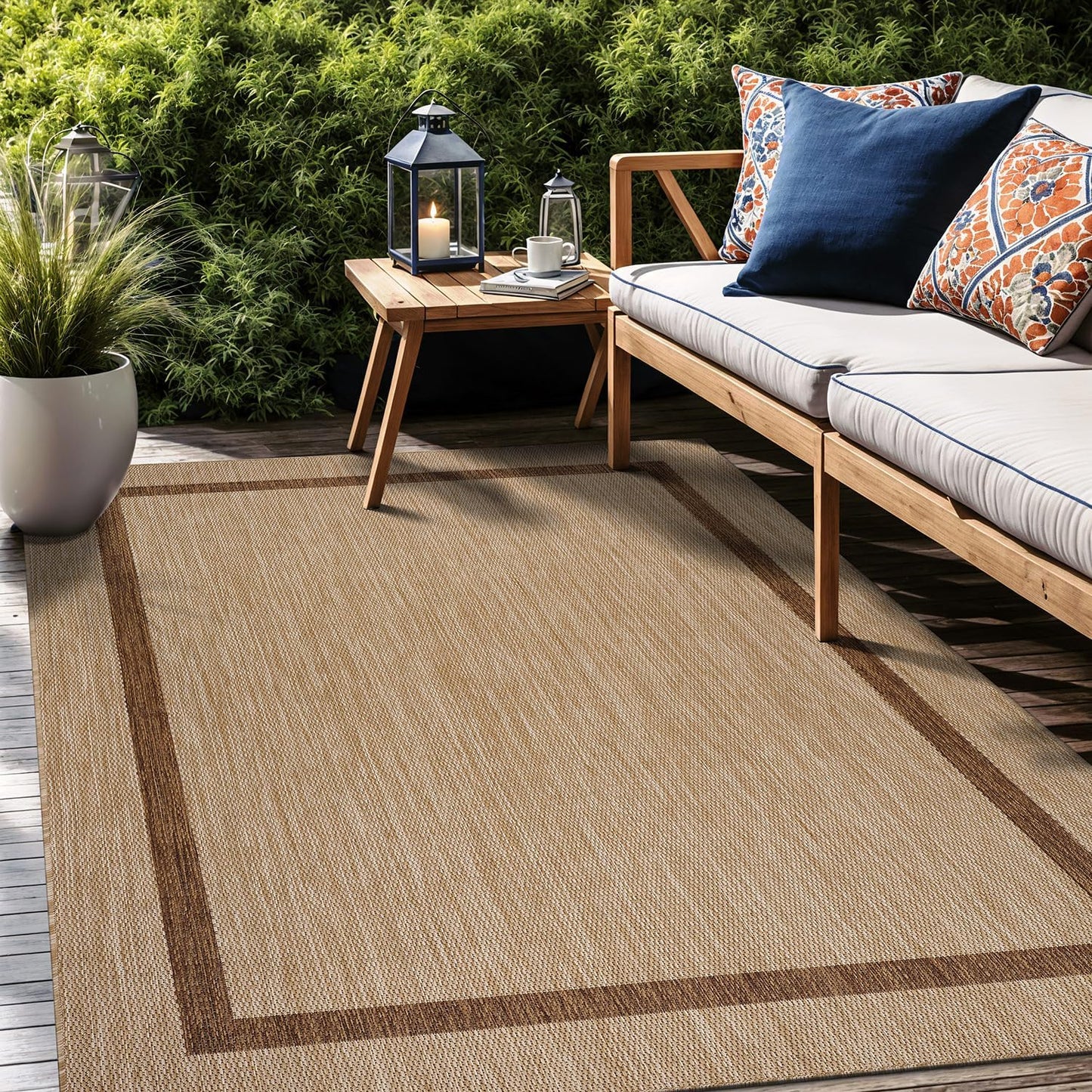 Bordered Outdoor Rug 9x12 Washable Outside Carpet for Indoor Patio Porch Waterproof Easy Cleaning Non Shedding Area Rugs Jute Beige - Nut Brown 9 x 12