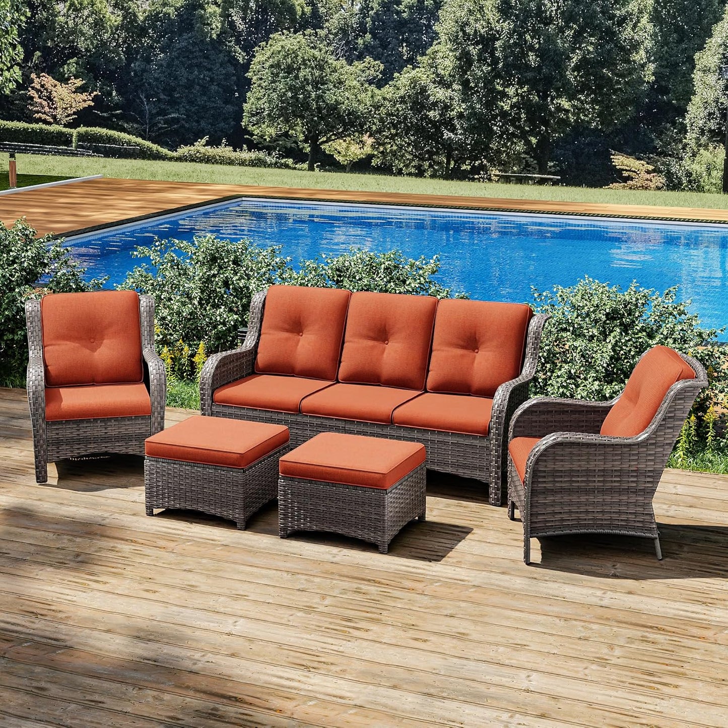 Joyside Patio Furniture Set 5-Piece Wicker Outdoor Furniture Conversational Set with 3-Seat Sofa, 2 Armchairs, 2 Ottoman Patio Rattan Wicker Sectional Sofa Set with Olefin Cushions(Mixed Grey/Orange)