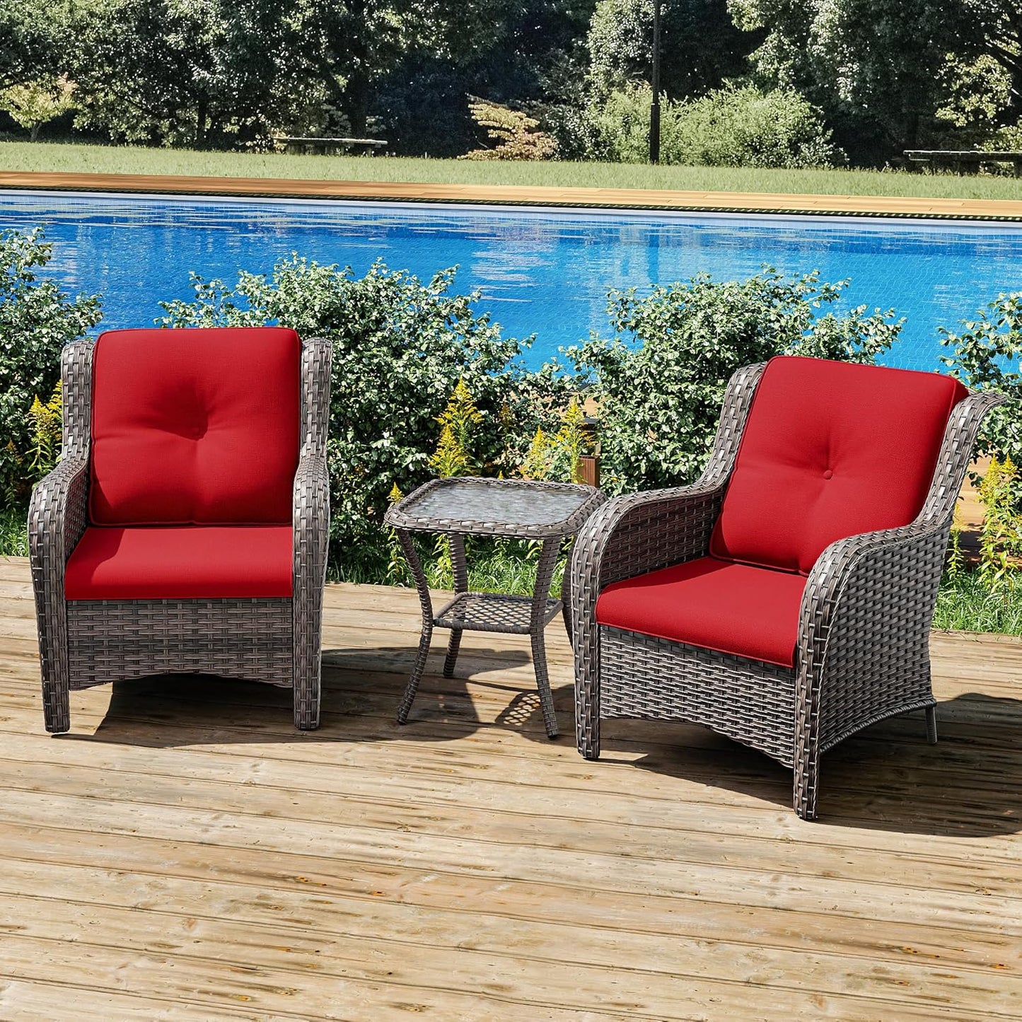 Joyside Patio Bistro Set Wicker Chairs - 3 Piece Outdoor Rattan Conversation Set with 2 Armrest Chair and 1 Side Table for Proch Deck Garden Backyard Balcony(Mixed Grey/Red)