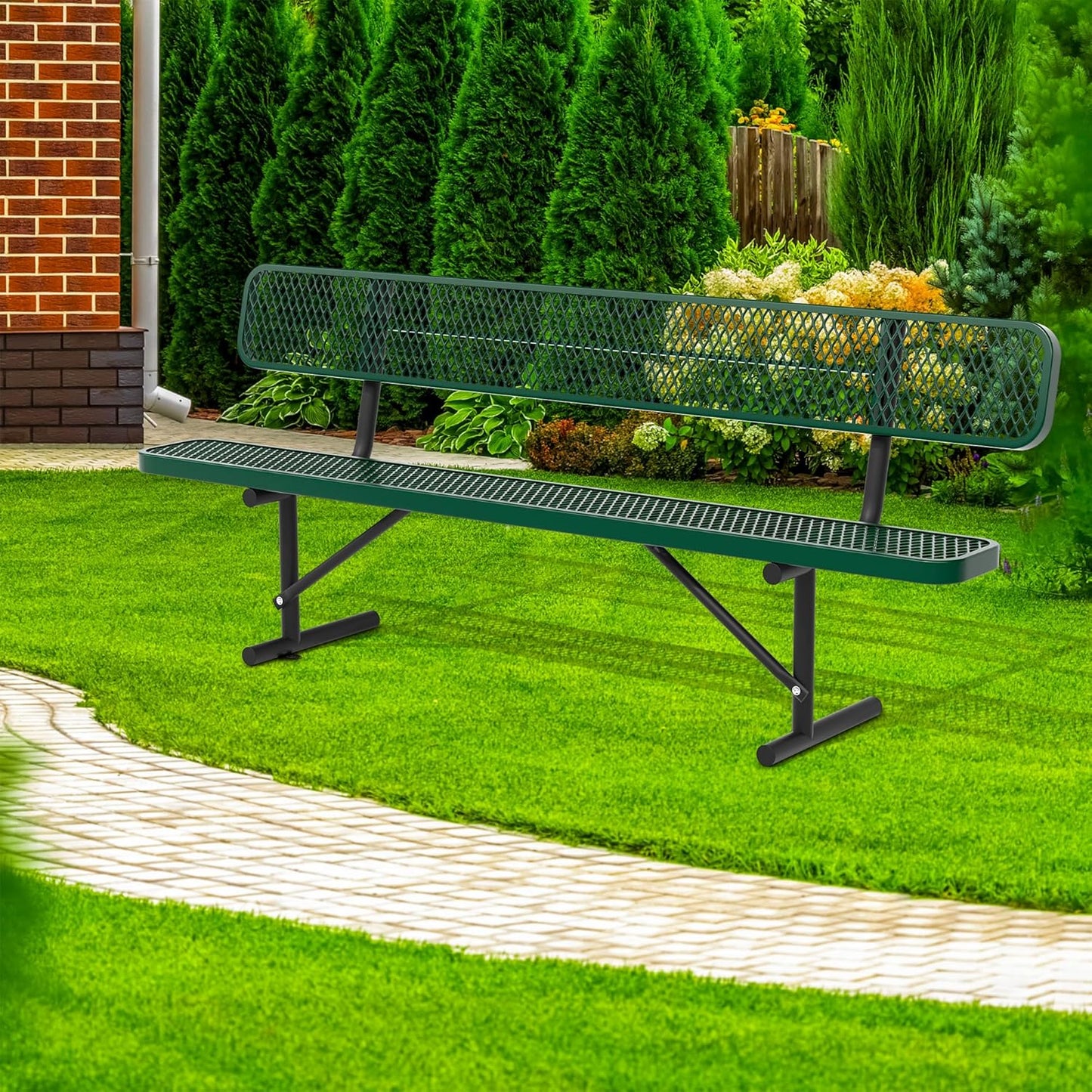4/6/8 Feet Park Bench for Outside Heavy Duty Metal, Garden Benches Outdoor Bench with Backrest & Portable Frame, for Shopping Malls Stores Parks Patios Decks, Green