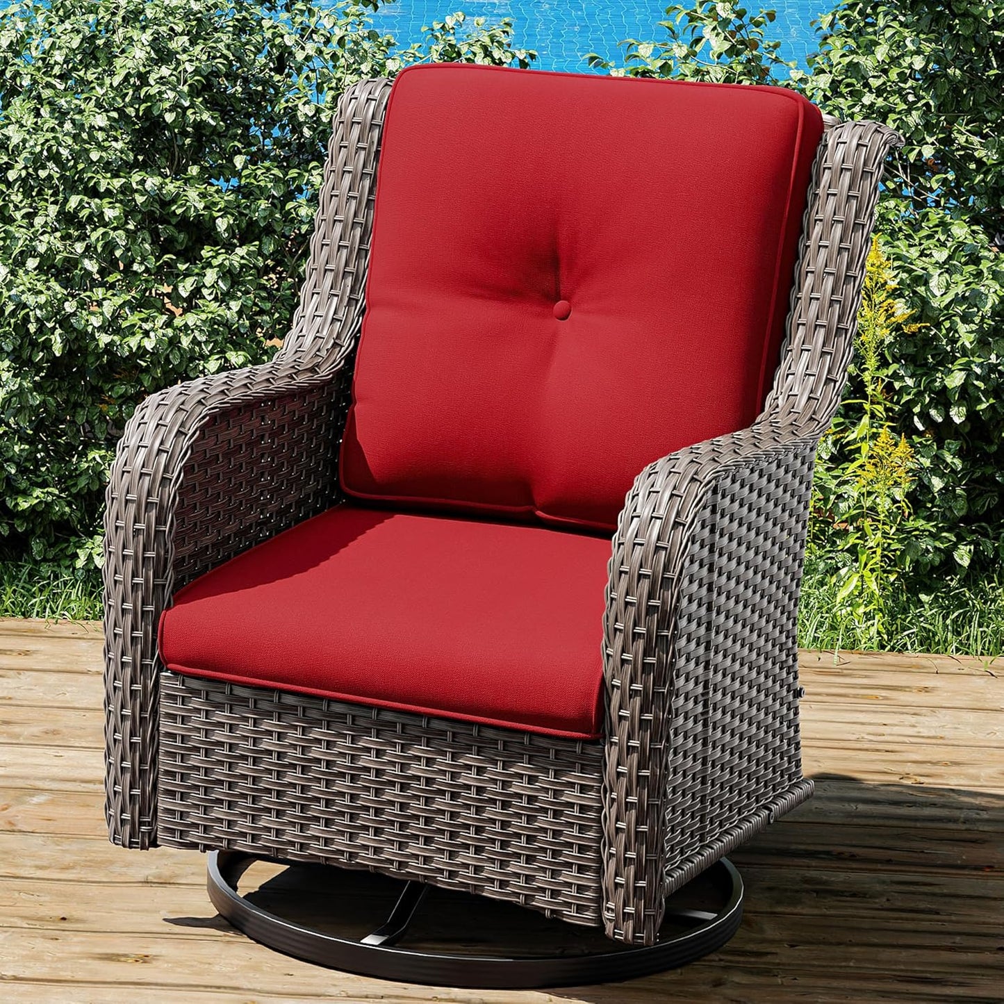 Joyside Outdoor Swivel Rocker Patio Chair - Outdoor Wicker Glider Rocking Chair with Olefin Fabric Cushions Suitable for Porch Deck and Backyard(Mixed Grey/Red)