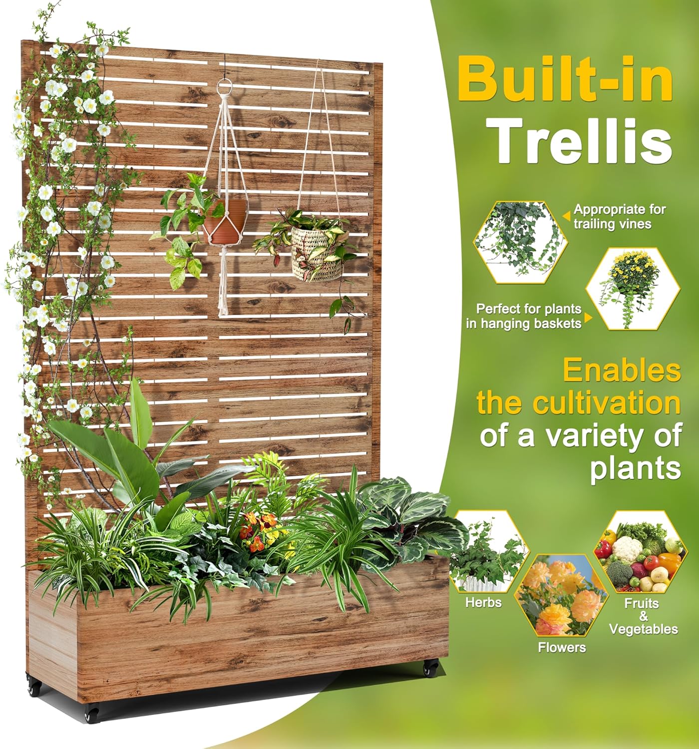 FENCY Metal Raised Garden Bed with Wheels and Trellis,73"x47"x16" Planter Box for Climbing Plants, Vegetables & Vines, Features Privacy Screen and Drainage Holes (Wood Color)