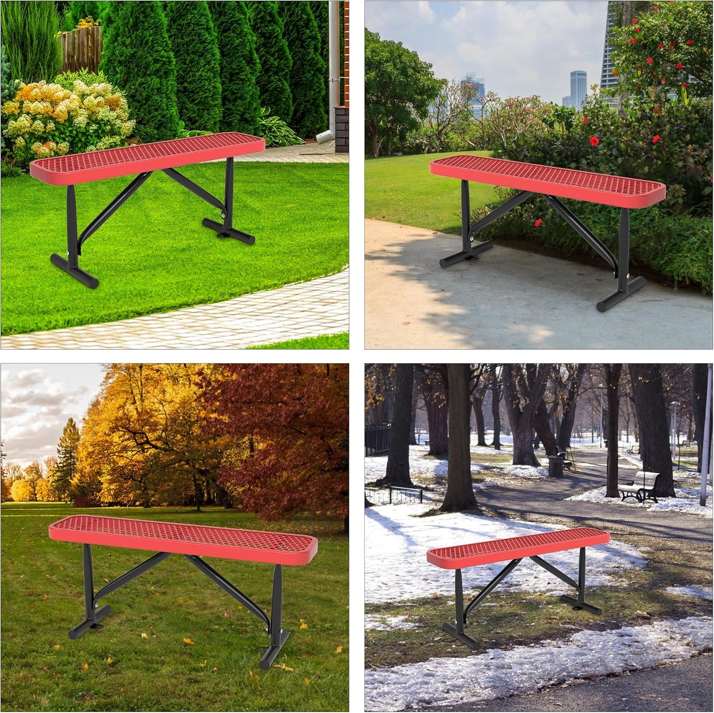 48" L Outdoor Steel Flat Bench, Heavy Duty Metal Park Bench for Outside, Expanded Metal, Commercial Benches Mesh Bench for Shopping Mall, Store, Lawn, Park, Patio, Deck, Garden (Red, 4FT)