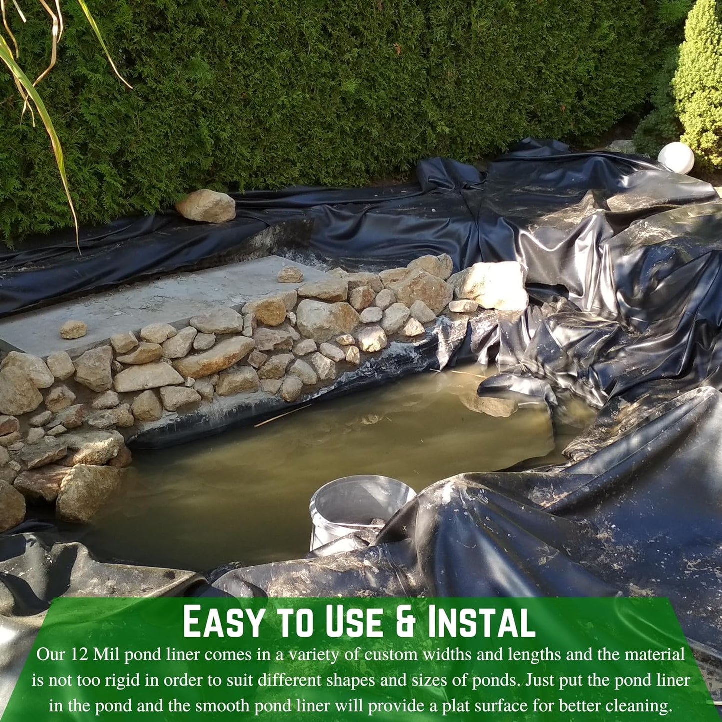 Farm Plastic Supply - 12 Mil String Reinforced Black/White Pond Liner - 12 Mil Fish Pond HDPE Liner, Pond Liners for Outdoor Ponds, Koi Ponds, Garden Fountain, Containment Liner (12' x 75')