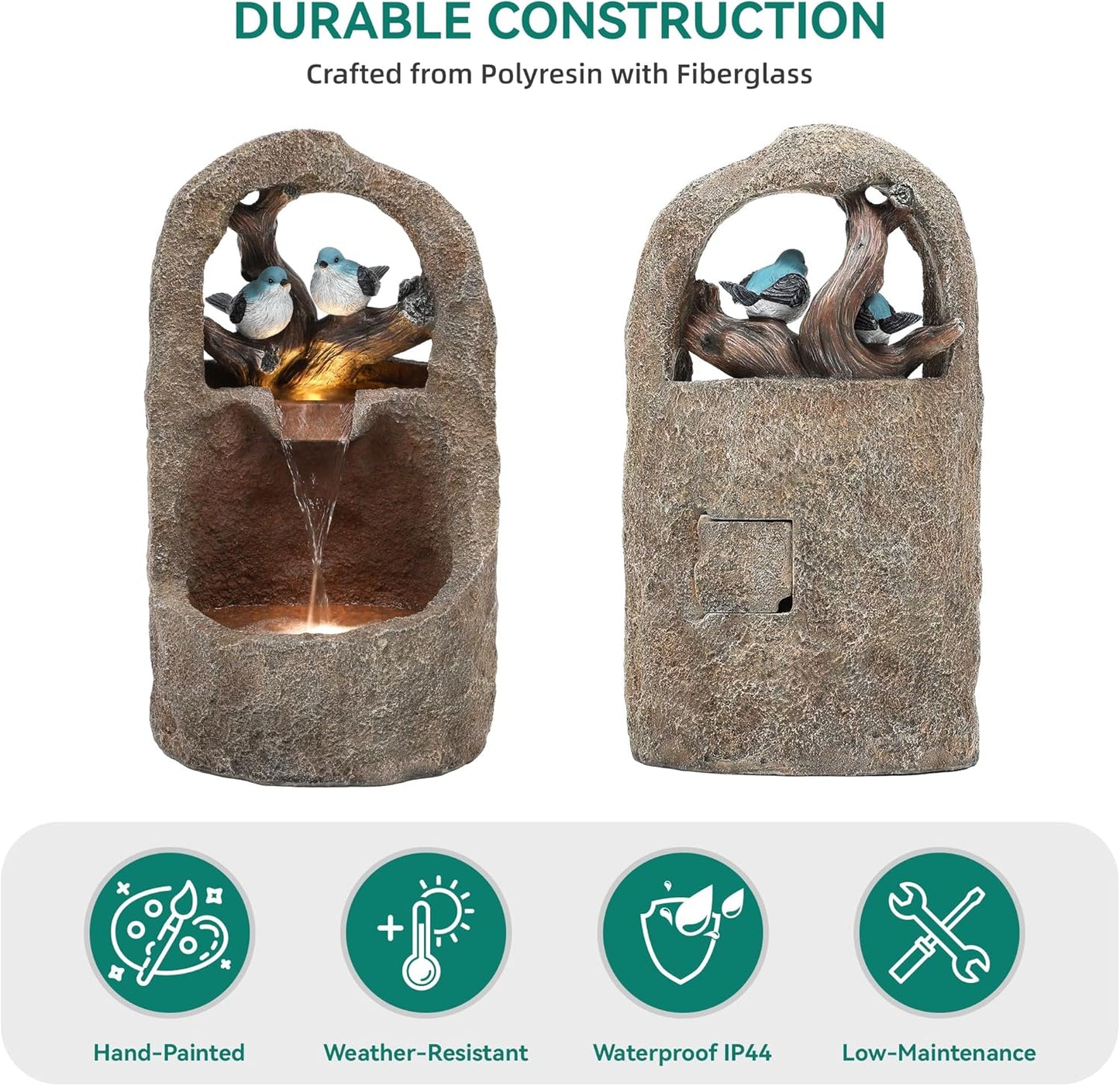 27" Outdoor Water Fountain with LED Lights,2-Tier Bird Natural Zen Garden Fountain, Relaxing Waterfall Floor, Yard, Porch or Deck Decor, Whether-Resistant, Faux Granite Texture