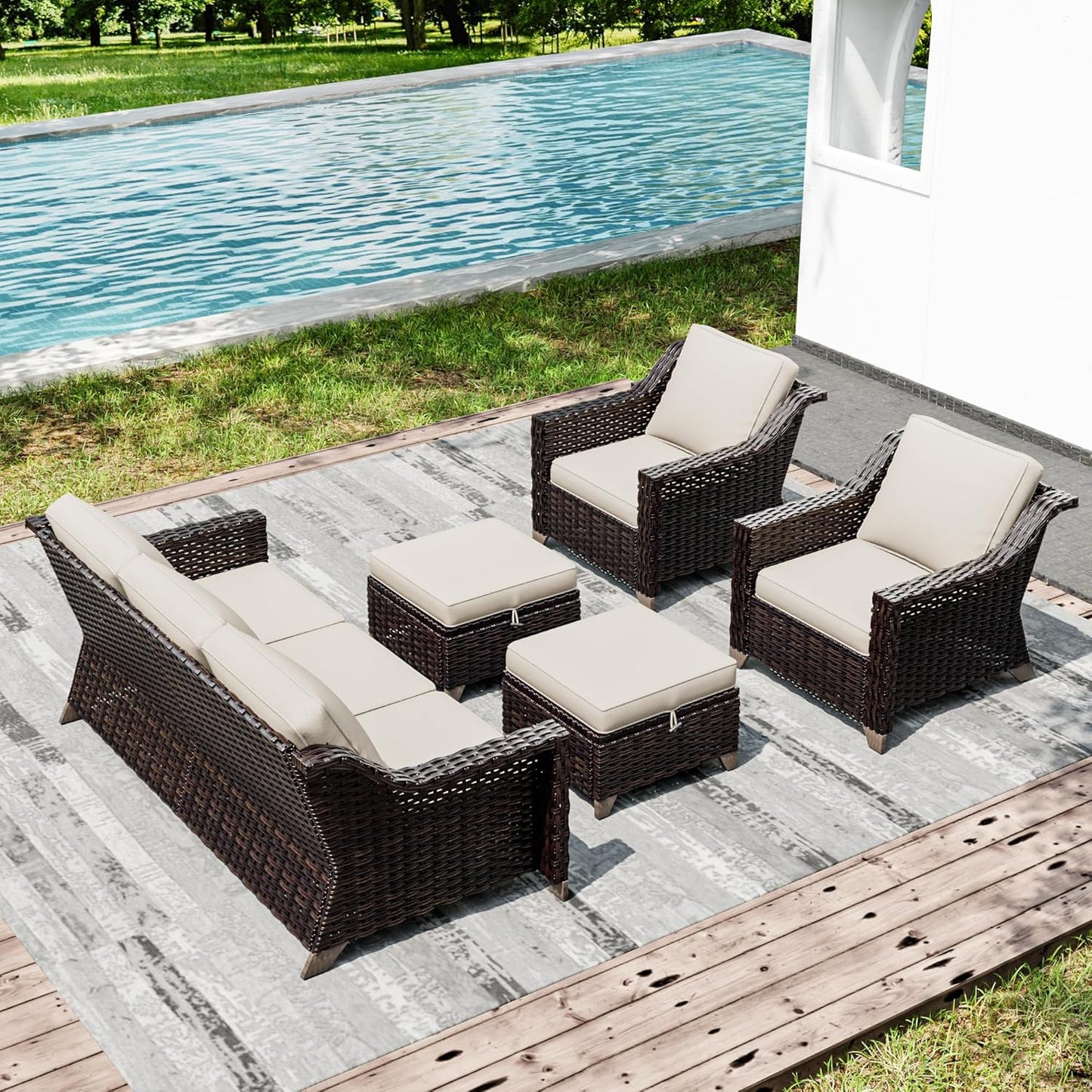 Joyside Wicker Patio Furniture Sets, 5 Pieces Upgraded Large Size Outdoor Furniture with Patio Dining Chairs, 3-Seat Sofa and Outdoor Ottoman, Thick Cushions, Wide Armrest