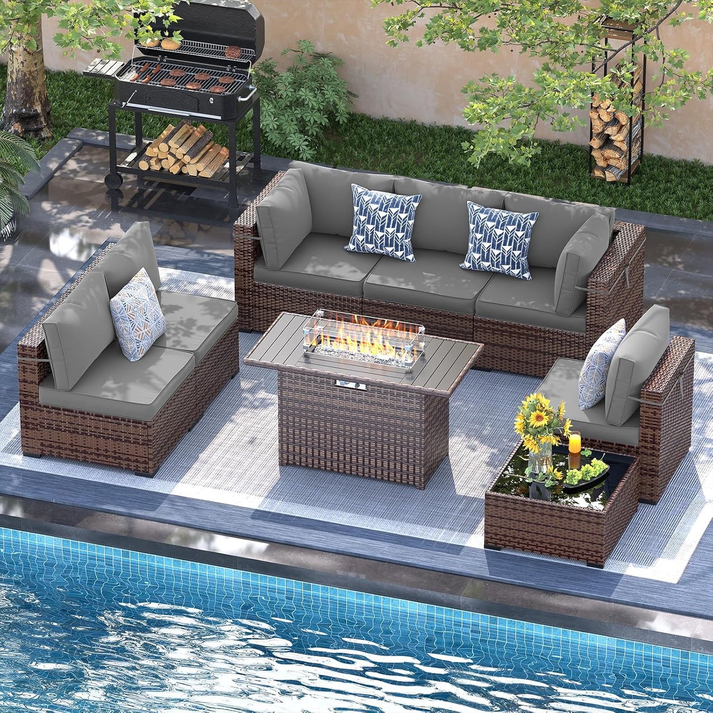 UDPATIO Patio Furniture Set with Fire Pit Table, 8 Piece Outdoor Sectional Modular Sofa, Wicker Outdoor Furniture Conversation Sets with Waterproof Cover for Backyard Deck (Brown/Dark Grey)