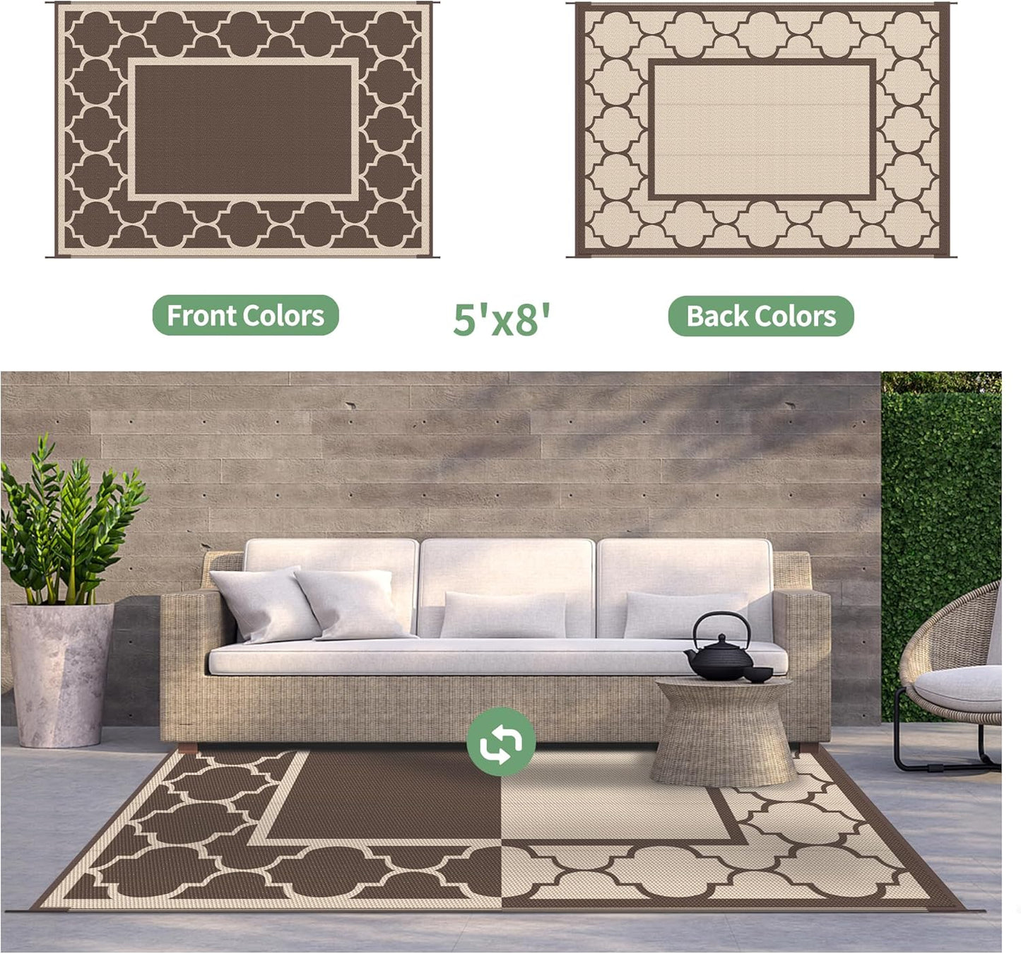 GENIMO 5' x 8' Outdoor Rug Waterproof for Patio Decor, Foldable Reversible Plastic Straw Area Rugs Mat for Camper, Outside Carpet for Rv, Deck, Porch, Picnic, Beach, Balcony, Coffee & Beige