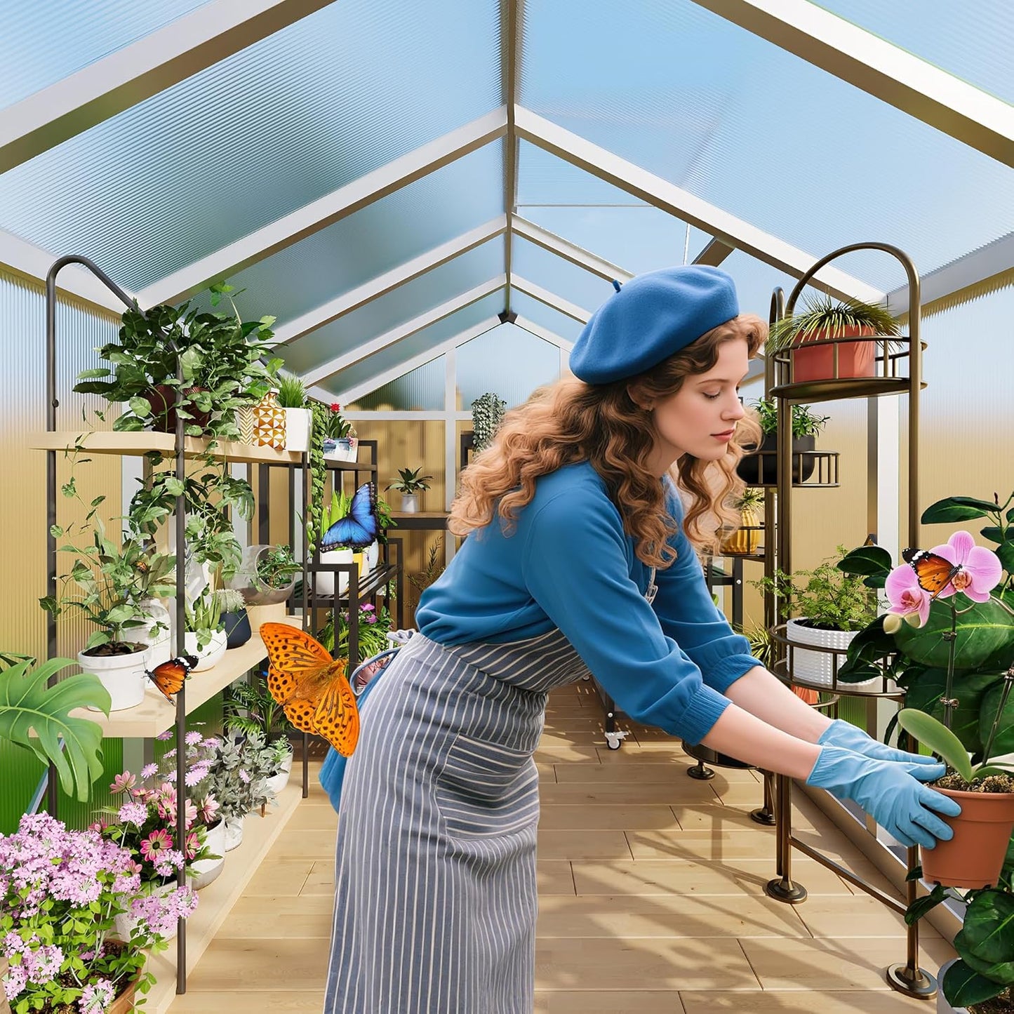 6x10 FT Greenhouse, Easy Assembly Aluminum Polycarbonate Greenhouses for Outdoors with Roof Vent and Ground Nails, Heavy Duty Aluminum Walk-in Greenhouse for Backyard, Sliding Lockable Door, Silver