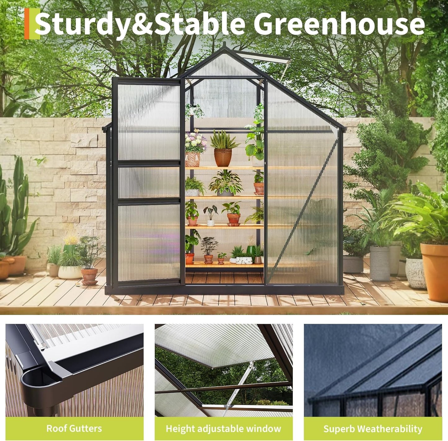 6*8 FT Outdoor Walk-in Greenhouse, Polycarbonate Green House, Heavy Duty Greenhouse with Vented Roof Window, Windproof Aluminum Frame, Suitable for Outside Gardening, Backyard, Patio