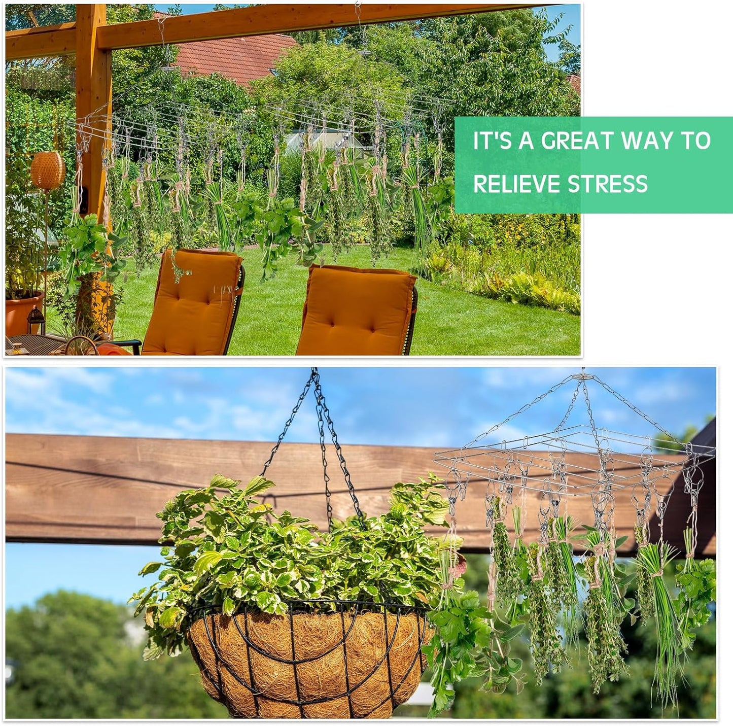 Bokon 4 Pcs Hanging Drying Rack for Herb Macrame Flower with Stainless Clip Dryer Hook for Drying Herb Air Plants Spices Flower Hydroponic Plant Ready to Use with Ceiling Hook(Rectangle)