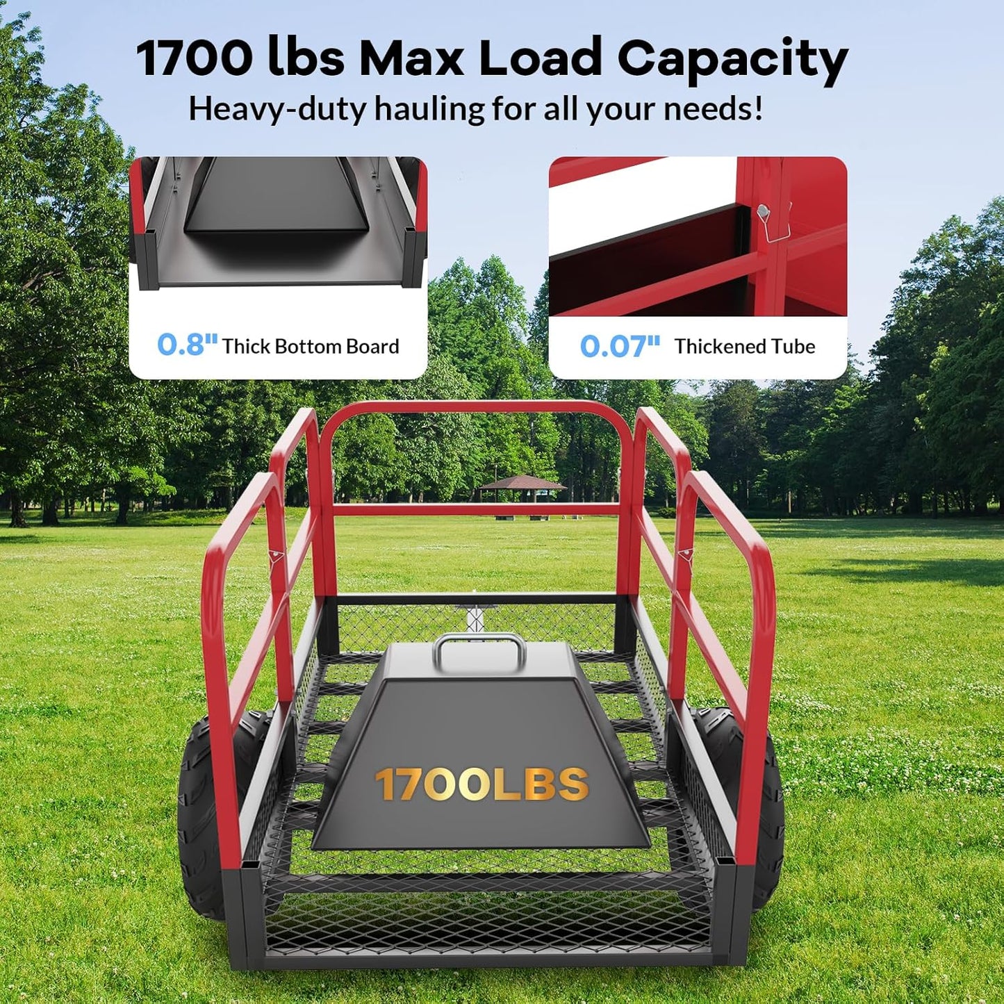 ATV Trailer Pull Behind Dump Cart, 1700lbs 17 Cubic Feet, Heavy Duty Yard Garden Trailer with Removable Sides and 2 Tires for Lawn Mower, Tractor