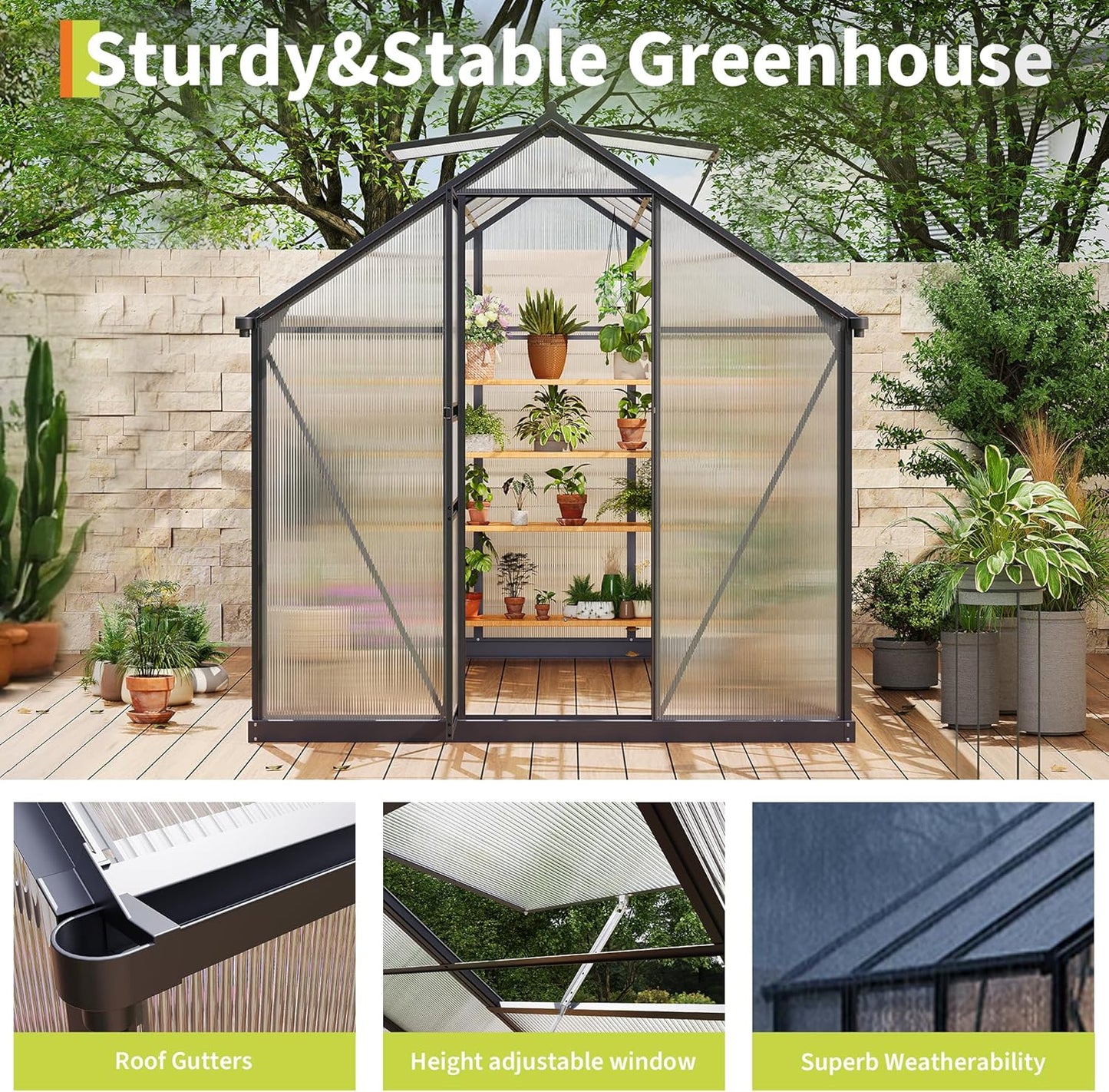 6*10 FT Outdoor Walk-in Greenhouse, Polycarbonate Green House, Heavy Duty Greenhouse with Vented Roof Window, Windproof Aluminum Frame, Suitable for Outside Gardening, Backyard, Patio