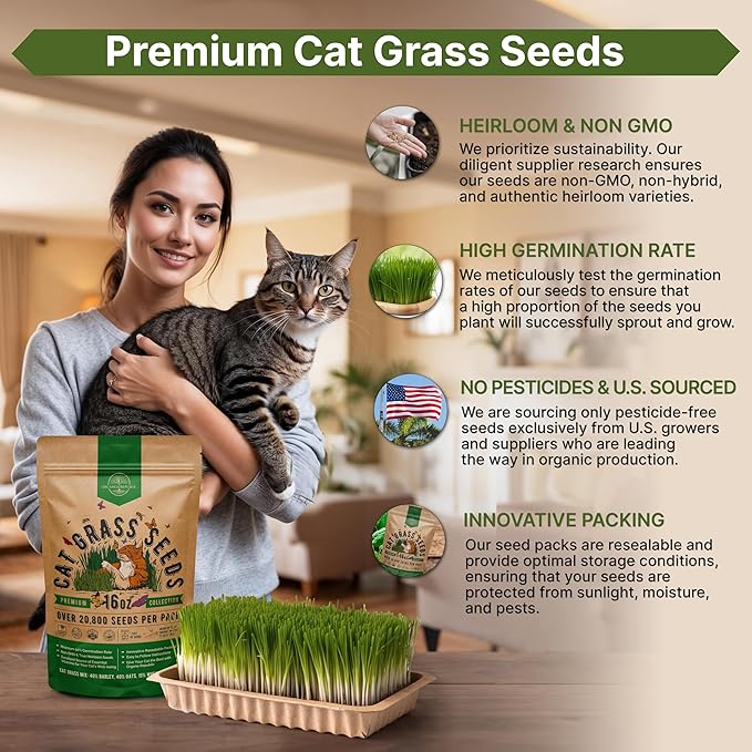 Organo Republic Cat Grass Seeds Mix - 20,800 Non-GMO Heirloom Seeds for Cats & Pets, 16 oz Pack for Growing Fresh Barley, Oat, Rye & Wheat Grass Seeds for Planting, Indoor Plants, Hairball Remedy