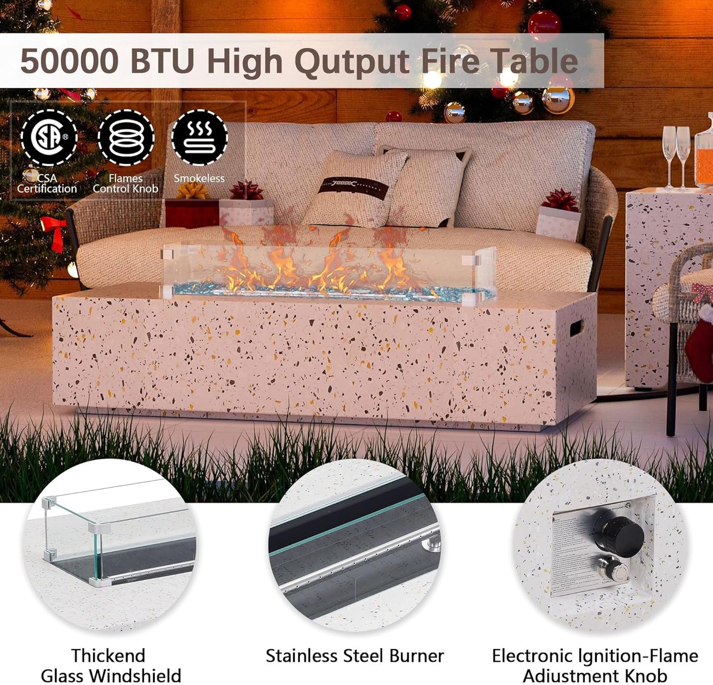 8 Piece Patio Furniture Set - Outdoor Conversation Sets with 56" Fire Table and Coffee Table, Rattan Modular Sofa Set for Garden/Poolside, Beige/Black