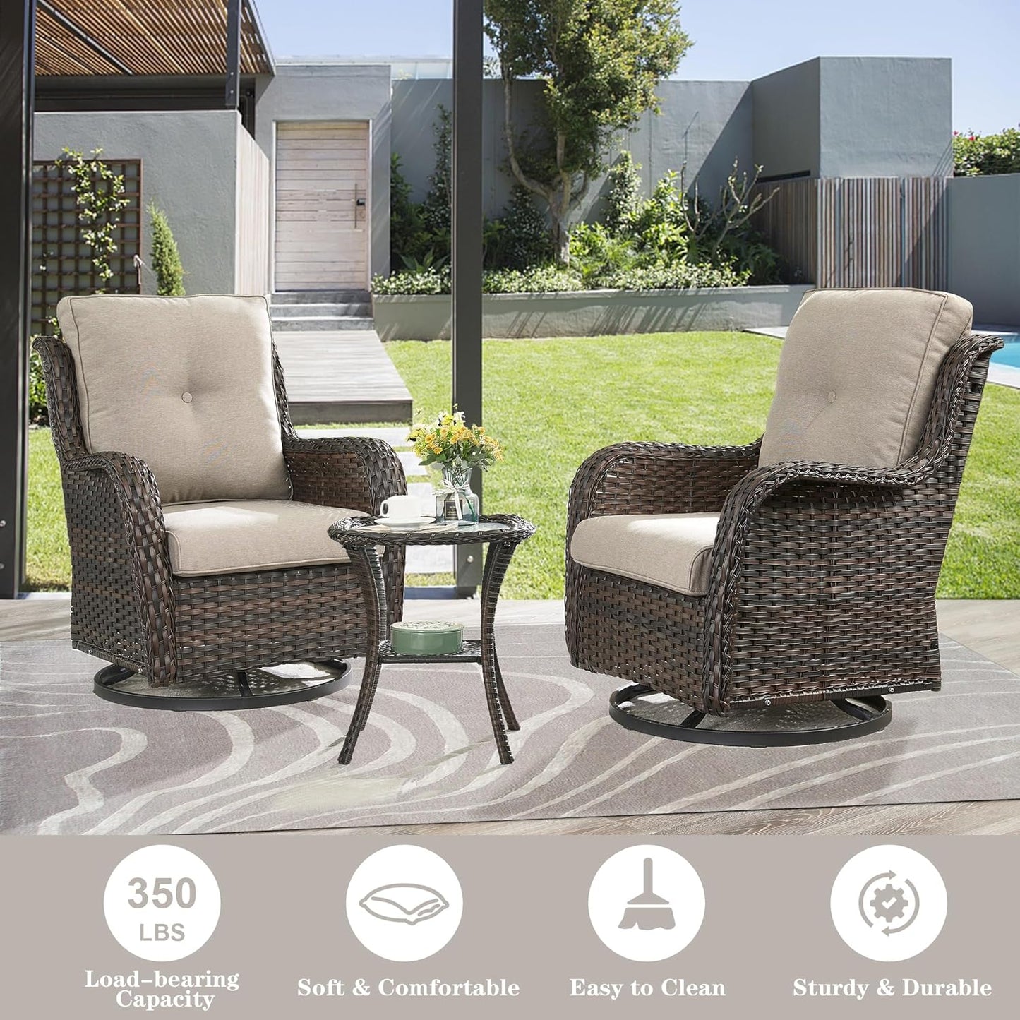 Patio Furniture Set Swivel Rcoker - 3 Pieces Outdoor Glider Rocking Chairs with Small Side Table, Wicker Chair Sets for Porch, Balcony and Garden