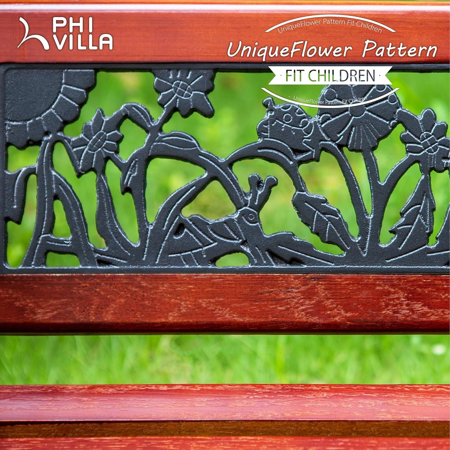 PHI VILLA Outdoor Garden Bench for Children, 33”L Small Metal Bench with Wood Clearance Seating & Floral Pattern Back for Patio, Lawn, Balcony, Backyard, Porch and Indoor - Black