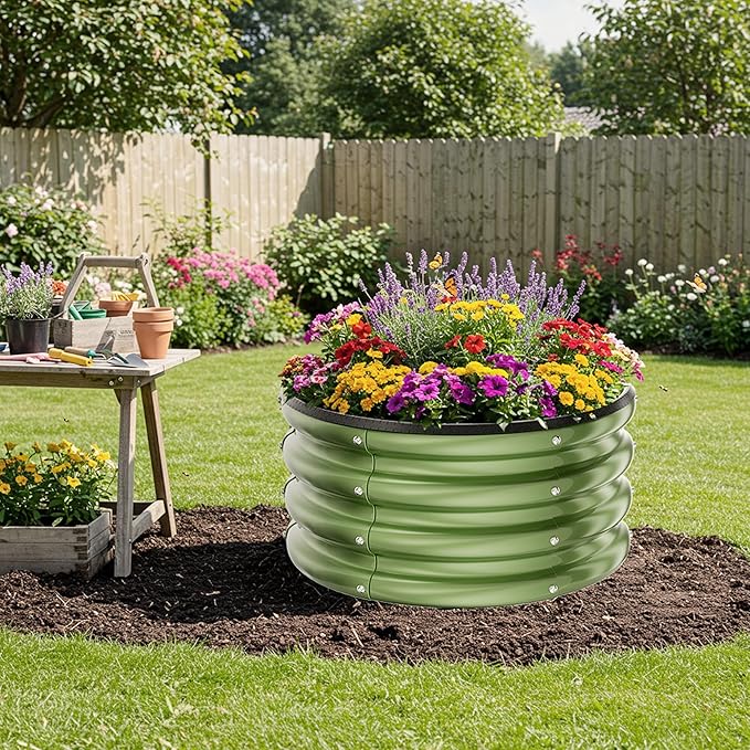 ZXZYHFTY Round Galvanized Raised Garden Bed kit,Green Outdoor Garden Raised Planter Box, Round Large Metal Raised Garden Beds for Vegetable 2 * 2 * 1ft 2 Pcs