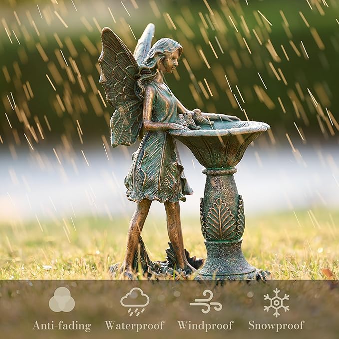 TERESA'S COLLECTIONS Fairy Garden Statues with Solar Outdoor Light for Outdoor Decor, Bronze Fairy Resin Garden Sculptures & Statues for Garden Decor, Yard Art for Lawn Housewarming Gifts for Mom 9.4"