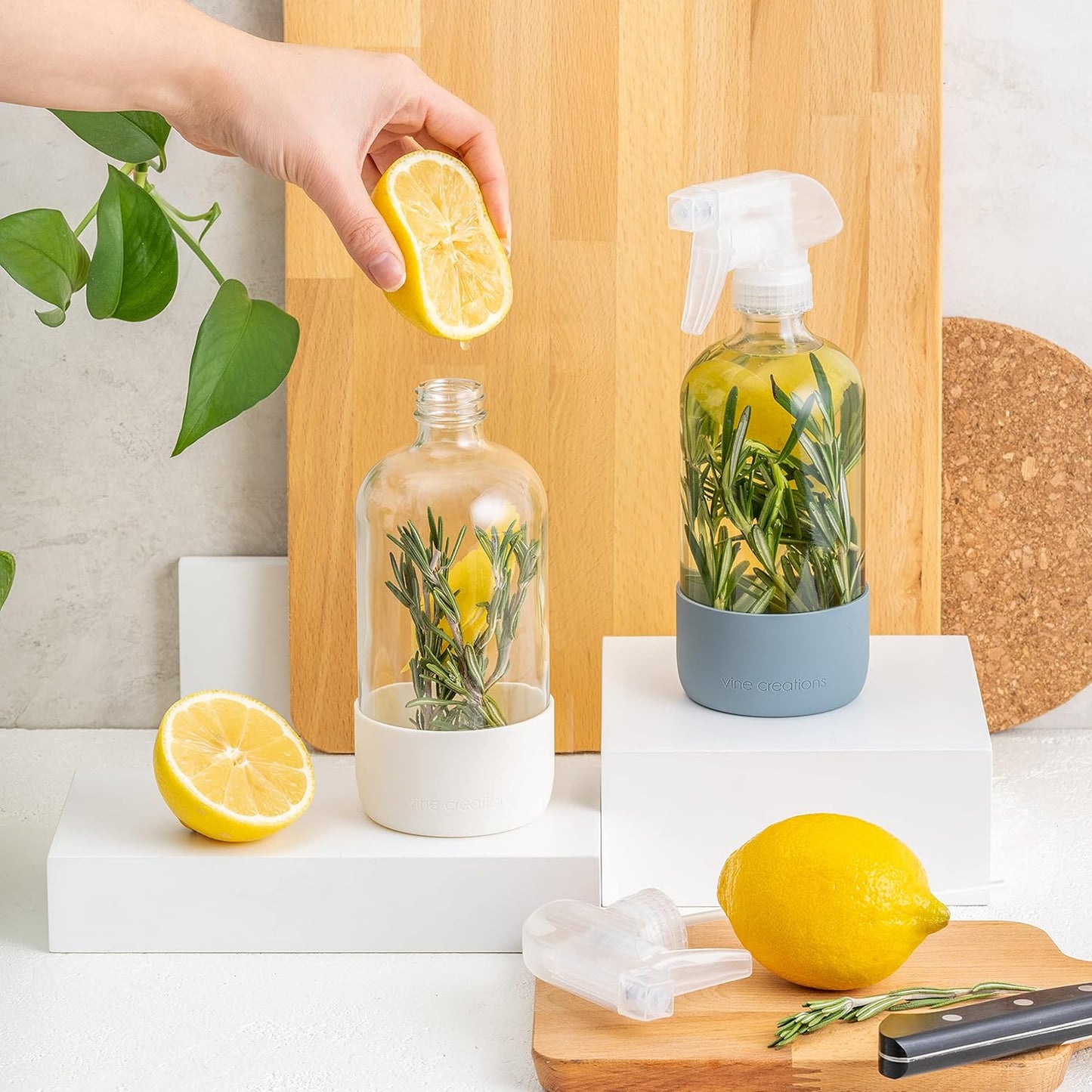 Vine Creations Glass Spray Bottles for Cleaning Solutions, Clear Glass Spray Bottle with Silicone Sleeve, 16 oz Empty Spray Bottles for Cleaning, Plant Spray Bottle, Mist and Stream Nozzle - 2 Pack