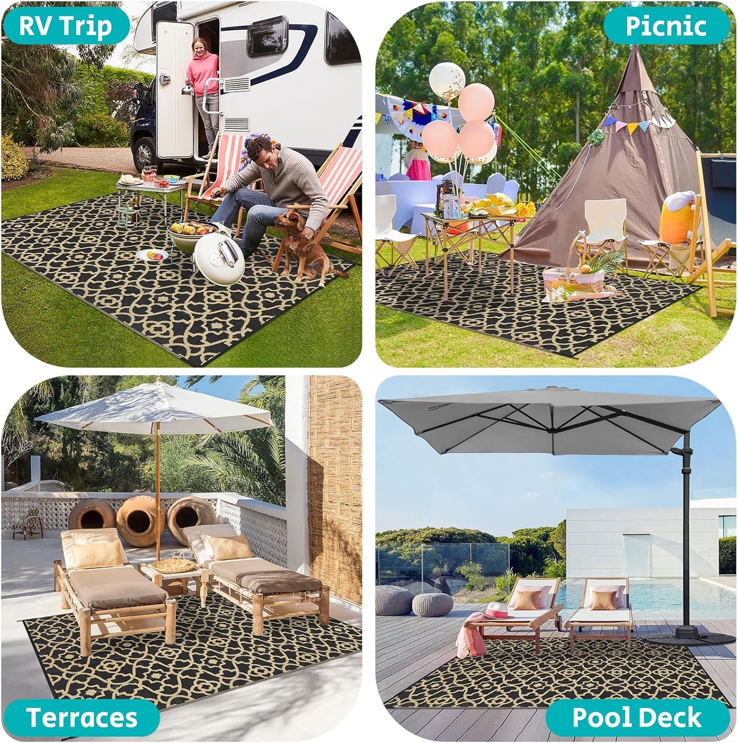 HEBE Outdoor Rug Waterproof 8x10, Reversible Plastic Straw Rug RV Camping Rug, Indoor Outdoor Patio Mat Clearance, Outside Carpet for Porch,Deck,Camper,Balcony,Backyard,Picnic