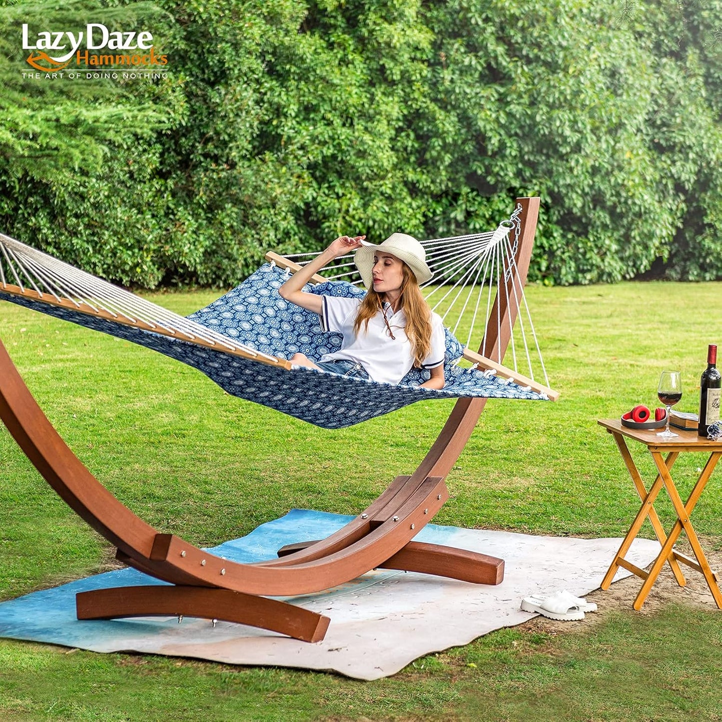 Lazy Daze Hammocks 12 FT Double Quilted Fabric Hammock with Spreader Bars and Detachable Pillow, 2 Person Hammock for Outdoor Patio Backyard Poolside, 450 LBS Weight Capacity, Blue Floral,HM003648