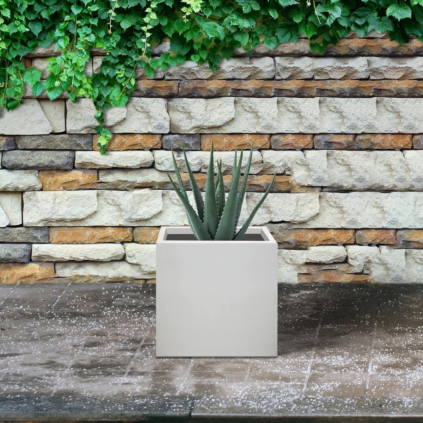 Kante 10 Inch Square Concrete Planter for Outdoor Indoor Home Patio Garden, Large Plant Pot with Drainage Hole and Rubber Plug, Pure White