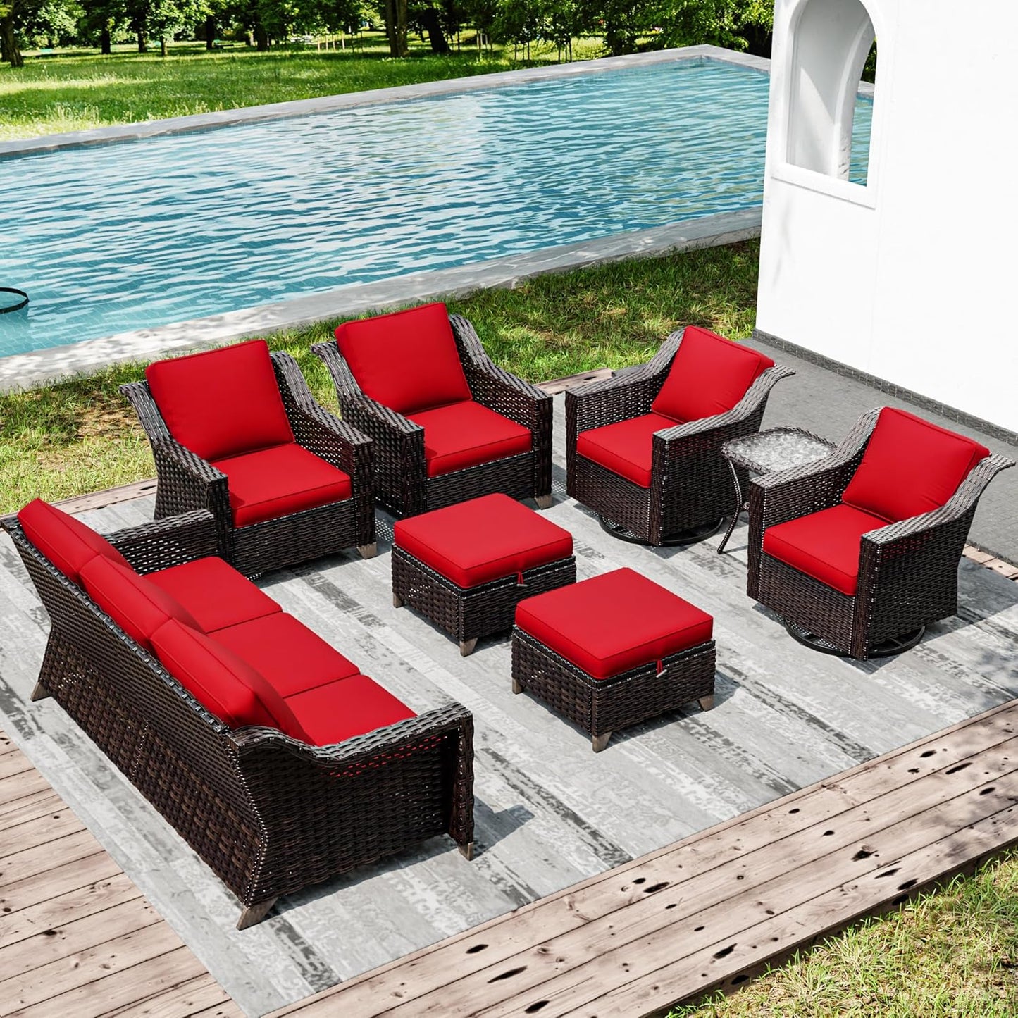 Joyside Wicker Patio Furniture Sets, 8 Pieces Upgraded Large Size Outdoor Furniture with Swivel Rocking Patio Chairs, Patio Dining Chair, 3-Seat Sofa, Outdoor Ottoman, Thick Cushions, Wide Armrest