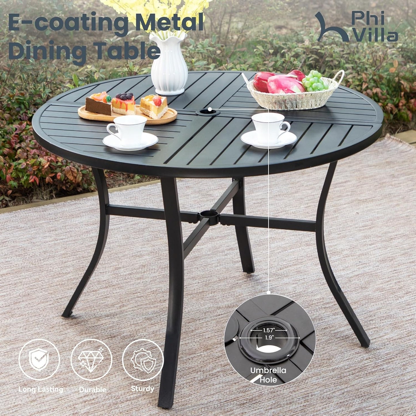 PHI VILLA 5 Piece Outdoor Patio Dining Set with 4 Swivel Dining Chairs & 1 Large Round Dining Table, Gray Textilene Mesh Fabric Chair and Round Metal Table for All Weather Deck Lawn Garden