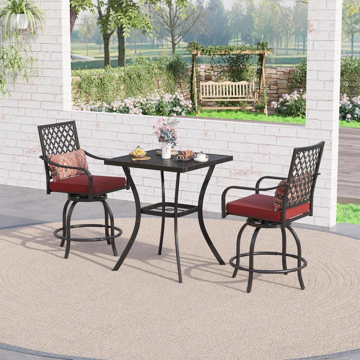 Sophia & William Patio Bar Set, 3 Pieces Outdoor Bistro Set with 2 Swivel Bar Stools Bar Height Patio Chairs and 1 Square Patio Bar Table with Umbrella Hole