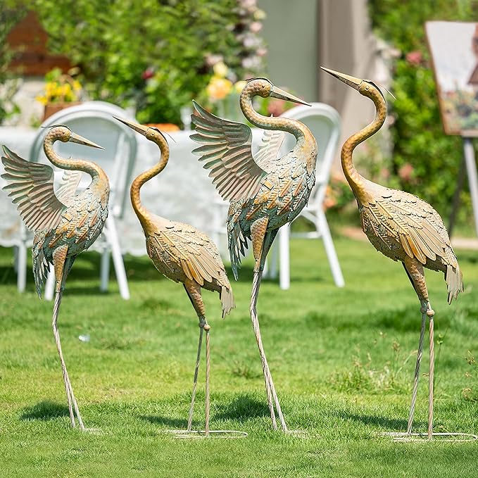 TERESA'S COLLECTIONS Yard Decorations Outdoor Garden Statues, Gold Metal Crane Yard Art, 25-26inch Lawn Ornaments for Backyard, Outside Porch, Patio, Wedding Decor,Set of 2,Spring Decor,Gifts for Mom