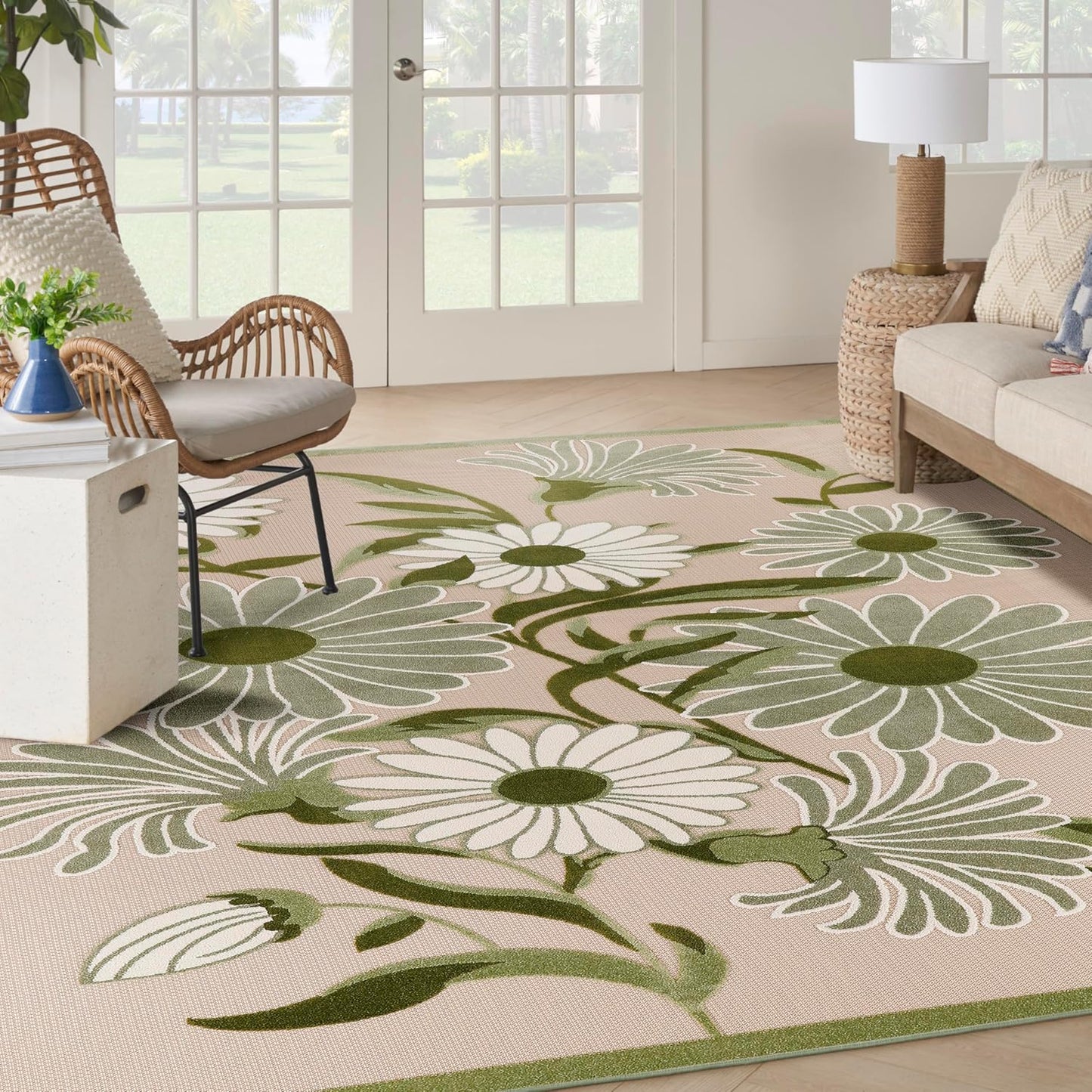 Nourison Home Aloha Indoor/Outdoor Ivory Green 10' x 14' Area Rug, Easy-Cleaning, Non-Shedding, Bed Room, Living Room, Dining Room, Backyard, Patio, Deck (10x14)