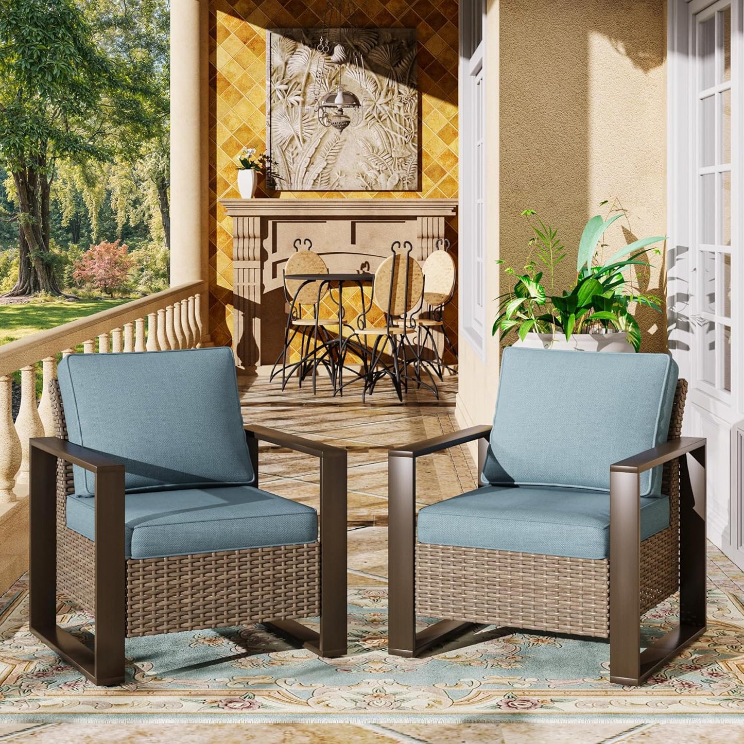 Patio Metal Wicker Chairs Set of 2, All Weather Outdoor Rattan Dining Chairs with Rectangular Framed Wood-Looking Armrest & Fade-Resistant Cushions for Deck Balcony Backyard, Baby Blue