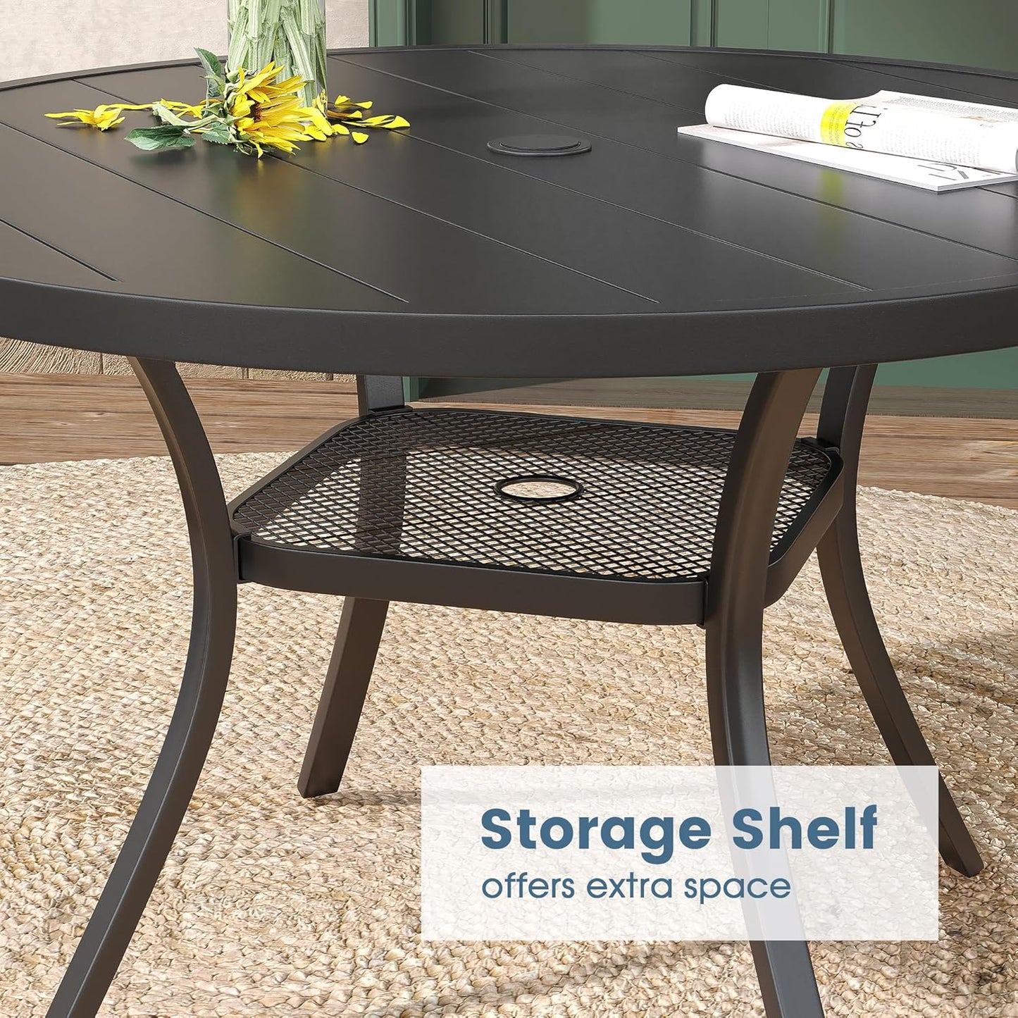 DIFY Outdoor Dining Table for 4, Round Patio Table with Umbrella Hole for Garden, Backyard and Porch (Black)