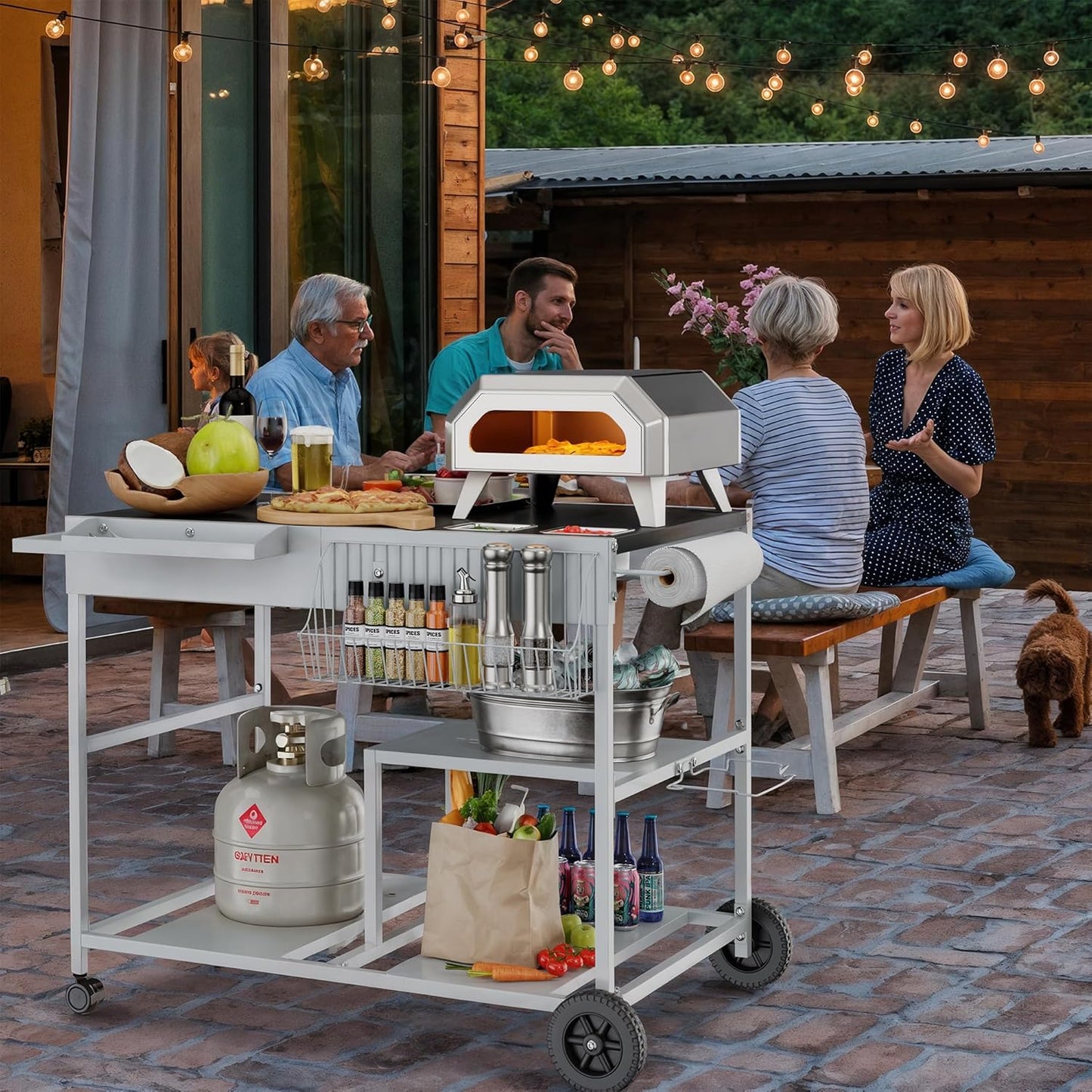 JY QAQA Outdoor Pizza Oven Stand with Condiment Shelf, Outdoor Cooking Cart, Grill Worktable for Patio, Food Prep Station Fits Ninja Woodfire Grill, Cuisinart Grill, Blackstone Griddle