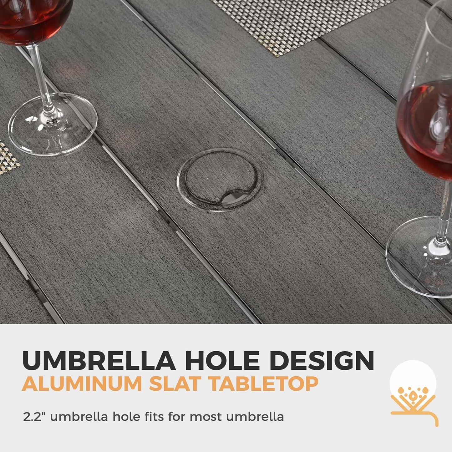 HAPPATIO Square Outdoor Dining Table - Patio Aluminum Slat Dining Table with 2.2" Umbrella Hole, 4 Person Dining Table for Garden, Backyard and Poolside