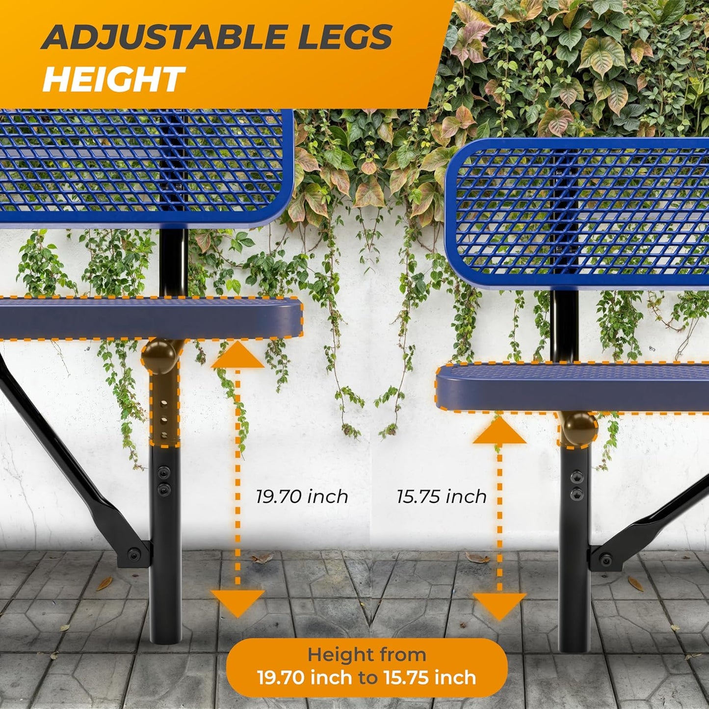 Heavy-Duty Outdoor Metal Bench, Thermoplastic-Coated, Inground, Weatherproof, Commercial-Grade for Parks, Gardens, Patios, Stores & More (4 Ft - Inground with Back, Blue)