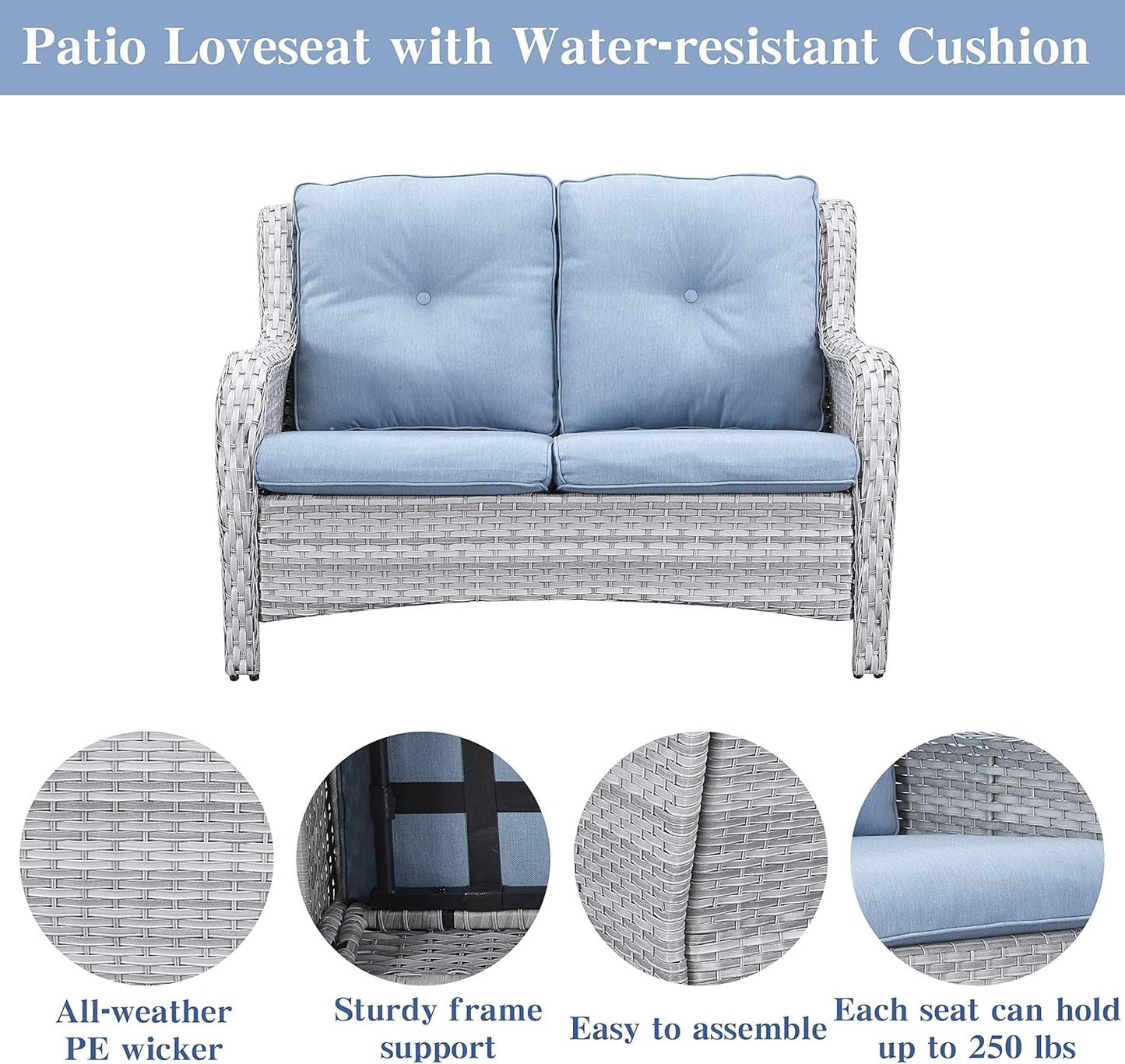 Outdoor Loveseat Small Patio Furniture 2 Seater Wicker Sofa Couch Rattan Seating for Deck Porch Backyard Baby Blue Cushion
