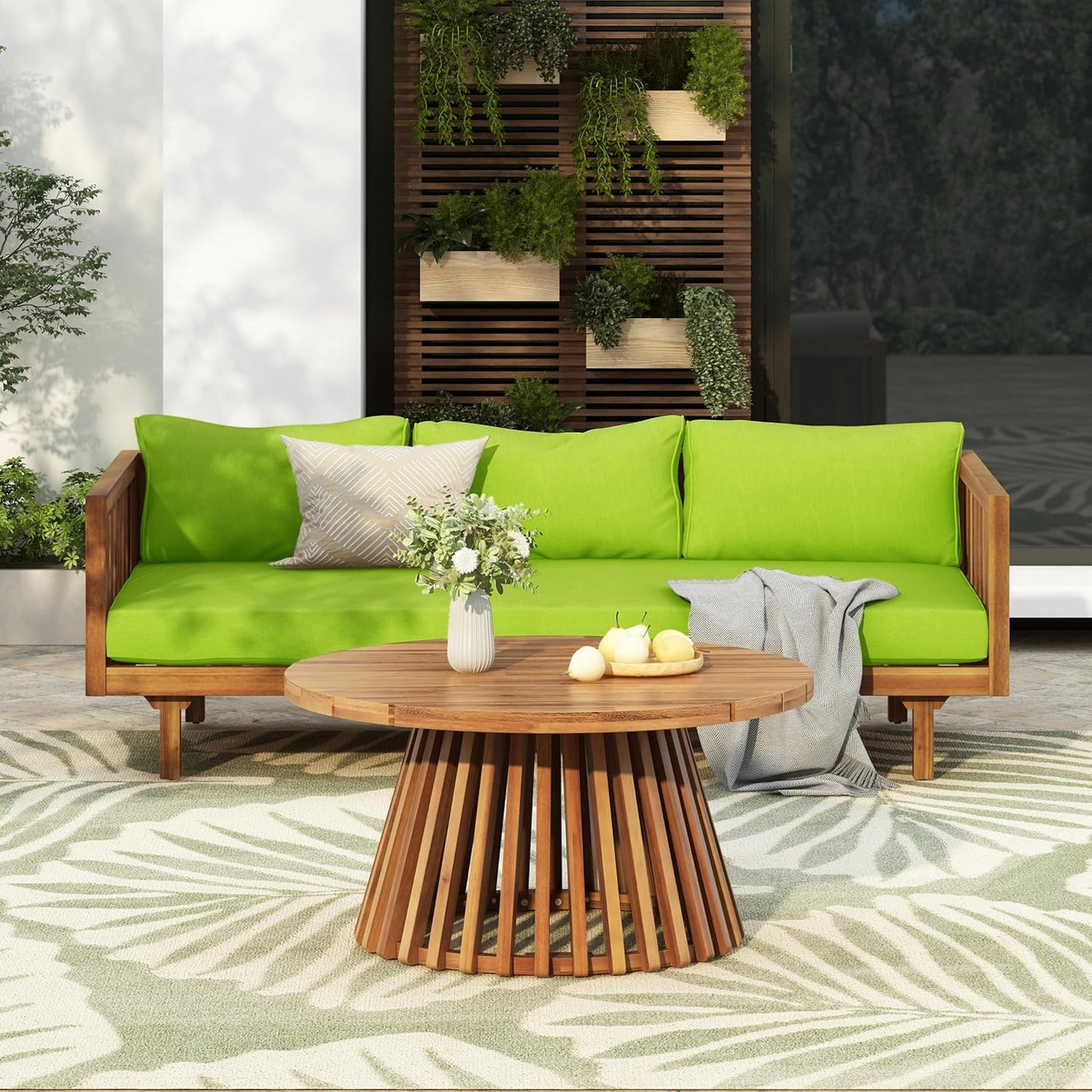 Christopher Knight Home Claremont Patio Sofa and Coffee Table Set, 2 Piece Outdoor Patio Furniture Set with Cushion, Acacia Wood 3 Seater Outdoor Sofa Daybed and Coffee Table Set, Teak+Light Green