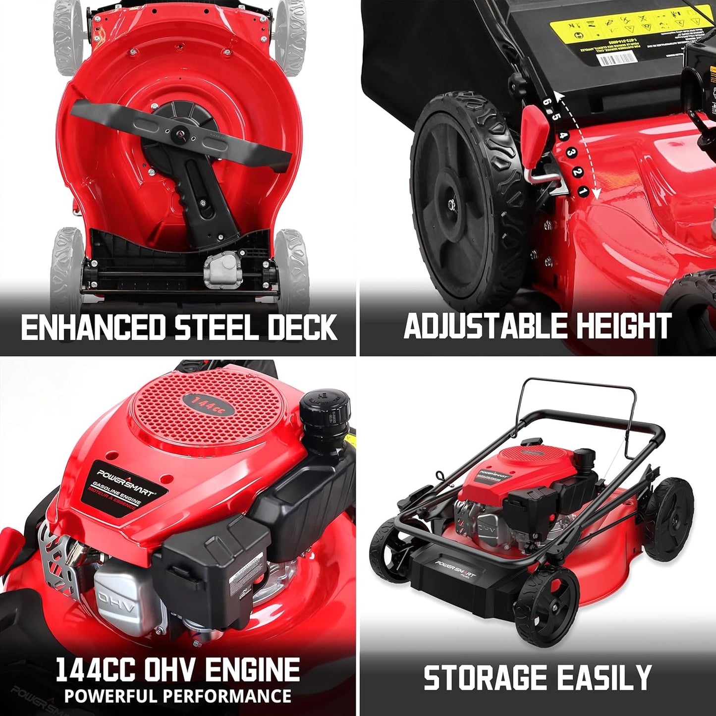 PowerSmart 21-Inch 144cc Gas Push Lawn Mower & 16-Inch 25.4cc String Trimmer/Edger with 10-Inch Brush Cutter for Grass Cutting