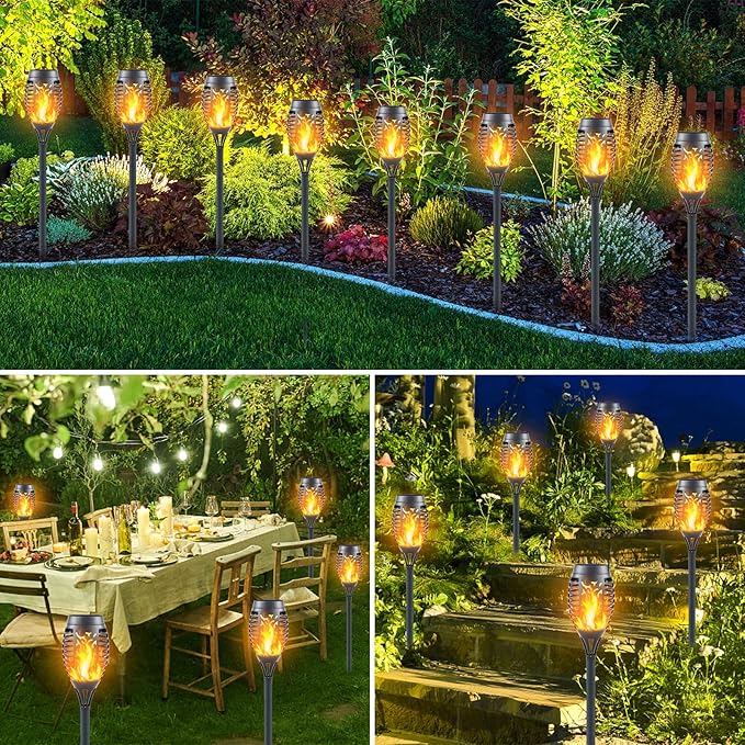 12LED Mini Solar Tiki Torches with Flickering Flame - Waterproof Outdoor Torch Lights with Auto On/Off, Super Bright Landscape Lighting for Yard, Garden, Patio & Pathway Decor (Set of 16)