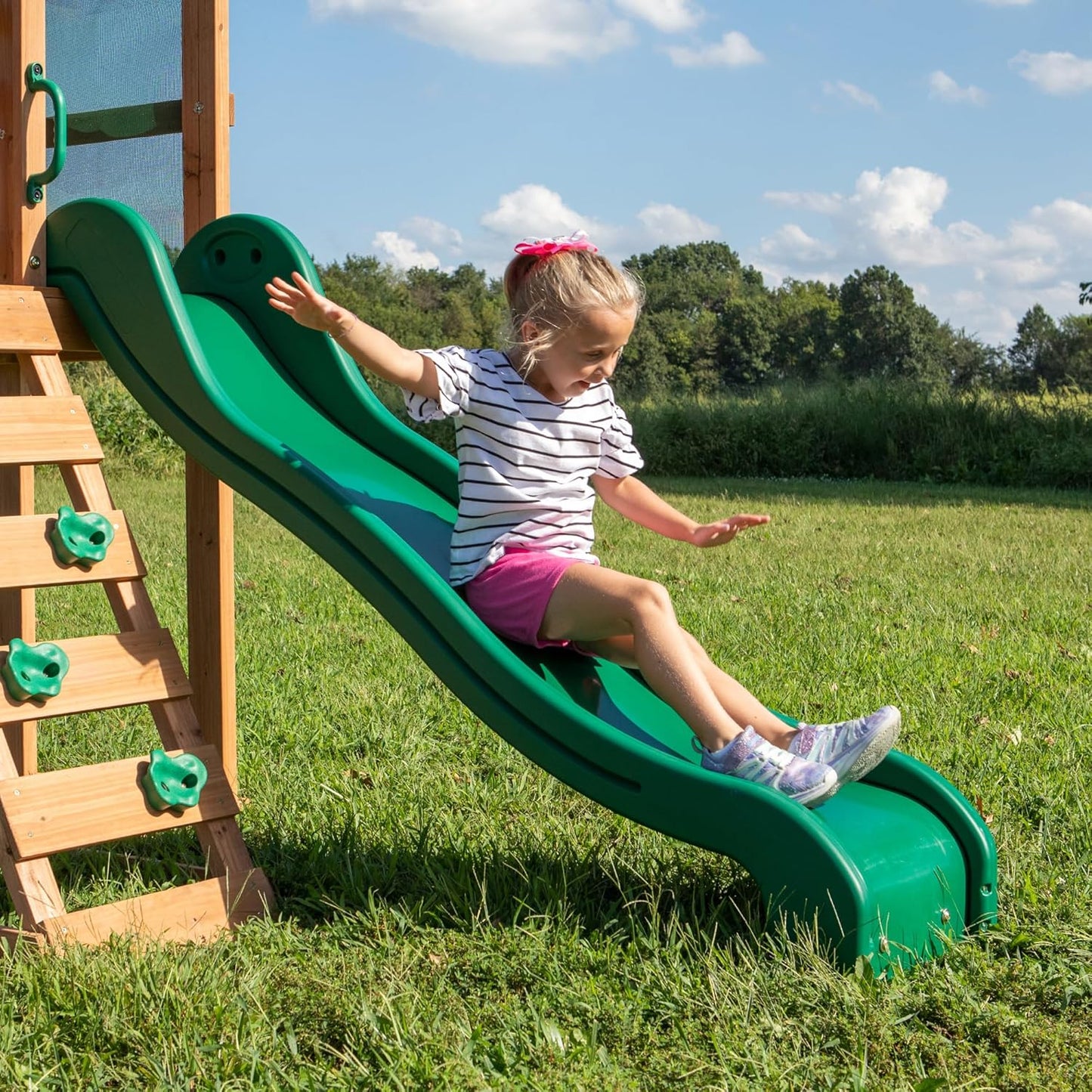 Backyard Discovery Buckley Hill Cedar Wood Swing Set with Wave Slide, Play Deck, Rock Wall Ladder, Belt Swings, Chalkboard, Canopy Roof, Outdoor Playset