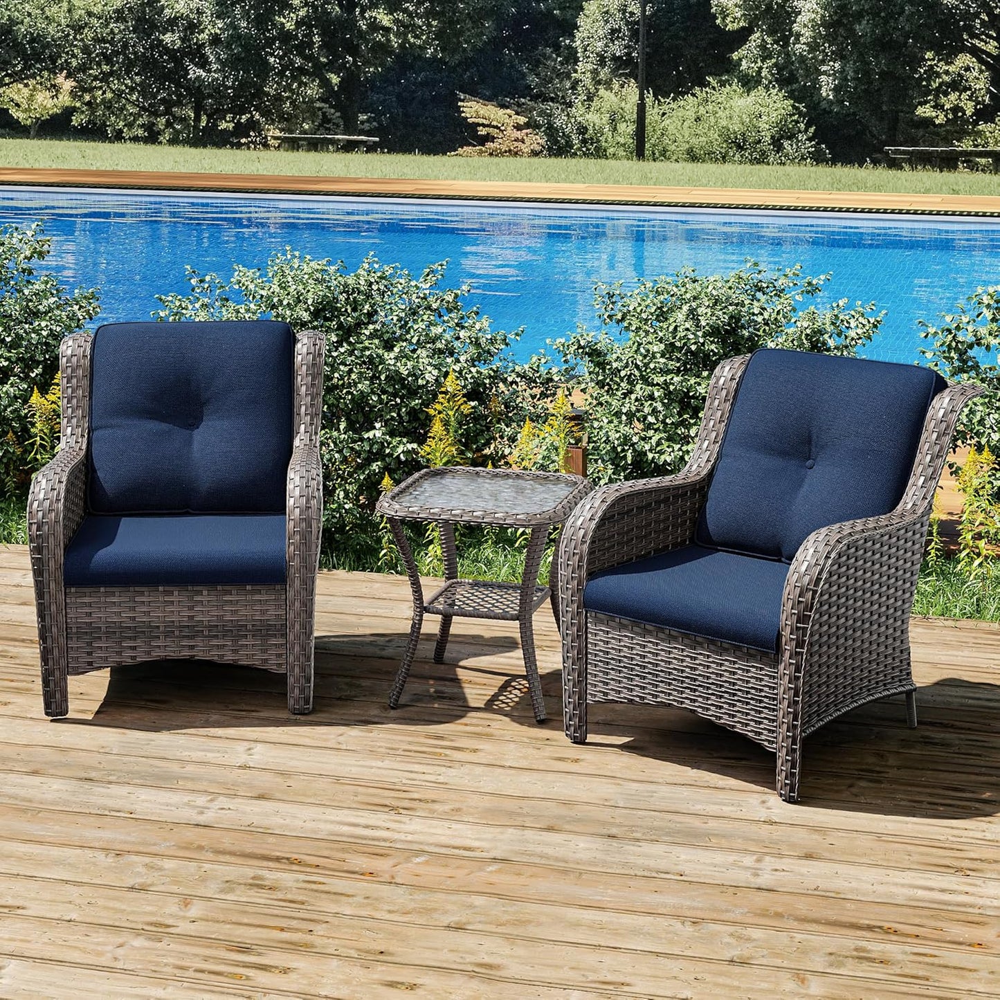 Joyside Patio Bistro Set Wicker Chairs - 3 Piece Outdoor Rattan Conversation Set with 2 Armrest Chair and 1 Side Table for Proch Deck Garden Backyard Balcony(Mixed Grey/Blue)
