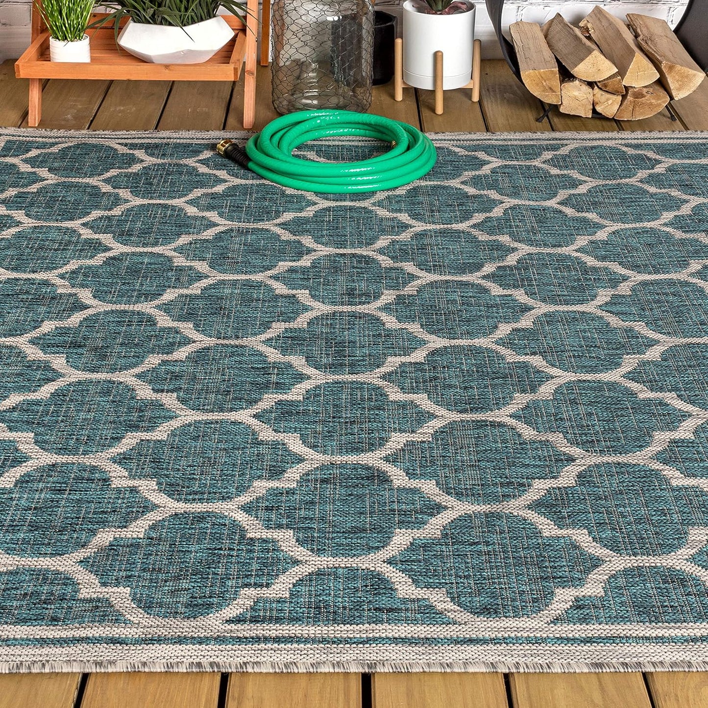 Eyely BMS109E-3 Santa Monica Trebol Moroccan Trellis Textured Weave Indoor/Outdoor Area Rug Coastal;Bohemian, Bedroom, Backyard, Patio, Easy-Cleaning, Non-Shedding, 3 X 5, Teal/Gray