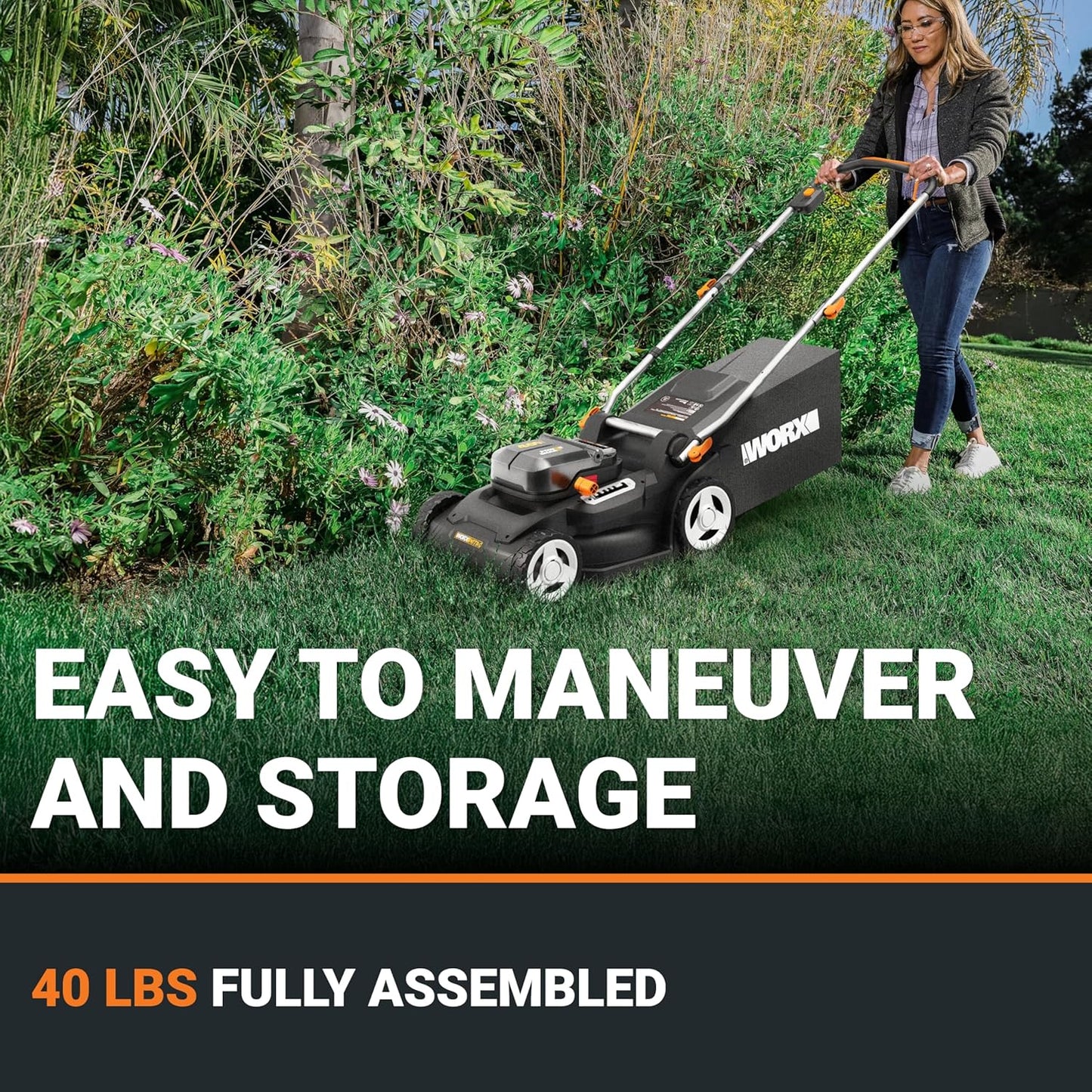 WORX 40V 17'' Cordless Lawn Mower for Medium Size Yards, 2-in-1 Electric Mower Cuts to Edge, Compact & Lightweight Push Lawn Mower with 6-Position Height Adjustment – 2 Batteries & Charger Included