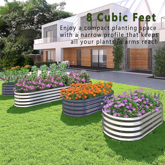 KFN 2PCS 4x1.8x1FT Galvanized Raised Garden Bed,Raised Garden Bed Kit-Oval Metal Vegetable Box,Large Planter Flower Boxes Outdoor,Planting for Vegetables,Flower,Herb,Grey,0.7mm